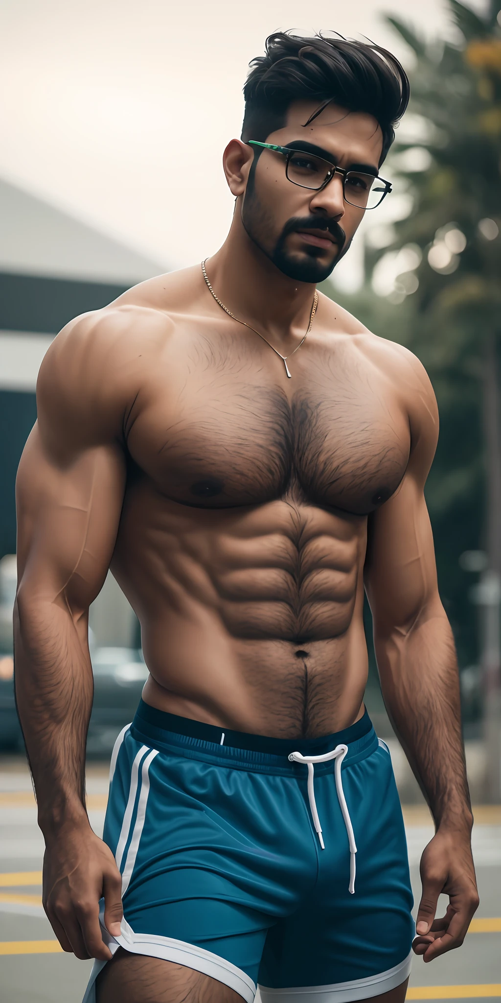 beautiful adult Indian college guy, hairy chest, pubic hair, wearing clear glasses, facial hair, short cut hair, in tight compression shirt, outside on basketball field, ((slim, muscular)), photorealistic, photo, masterpiece, realistic, realism, photorealism, high contrast, photorealistic digital art trending on Artstation 8k HD high definition detailed realistic, detailed, skin texture, hyper detailed, realistic skin texture, armature, best quality, ultra high res, (photorealistic:1.4),, high resolution, detailed, raw photo, sharp re, by lee jeffries nikon d850 film stock photograph 4 kodak portra 400 camera f1.6 lens rich colors hyper realistic lifelike texture dramatic lighting unrealengine trending on artstation cinestill 800,