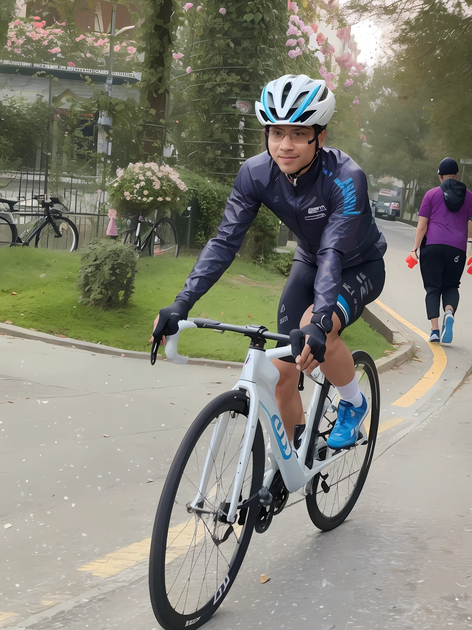 there is a man riding a bike down the street with a helmet on, cycling!!, against the backdrop of trees, 🤬 🤮 💕 🎀, profile image, nivanh chanthara, riding a bike, 🕹️ 😎 🚬, front on, bao pham, with a city in the background, menacing!!!, competition winning , cycling glasses. --auto --s2