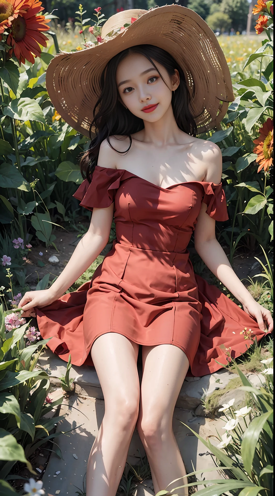 Best Quality, Masterpiece, Ultra High Resolution, (Realism: 1.4), Original Photo, 1Girl, Red Dress, Bare Shoulder, Blooming Flower Field, Glowing Skin, Light Smile, Full Body, Full Body Photo