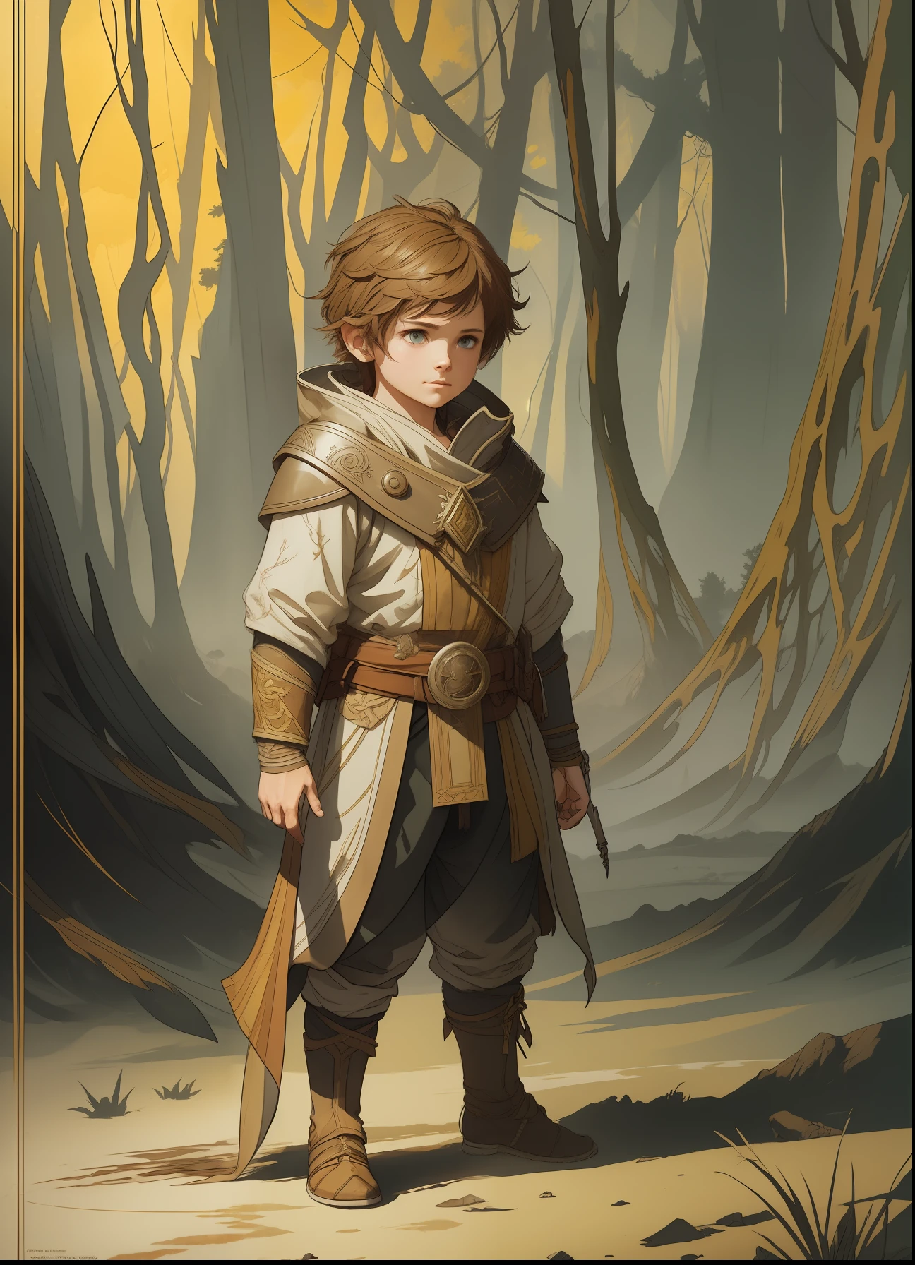 halfling rpg character, light clothes with yellow details, full body, standing on a plain, line art watercolor wash, very lit forest background, abstract beauty, approaching perfection, pure form, golden ratio, minimalistic, unfinished, concept art, by Brian Froud and Carne Griffiths and Wadim Kashin and John William Waterhouse, intricate details, 8k post production, high resolution, hyperdetailed, trending on artstation, sharp focus, studio photo, intricate details, highly detailed, by greg rutkowski