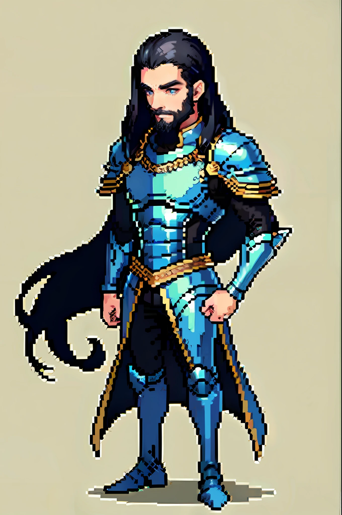 (masterpiece, top quality, best quality), pixel, pixel art, a man with short beard, full body, long and voluminous black hair, long black hair, man, medieval armor with blue, dnd rpg,