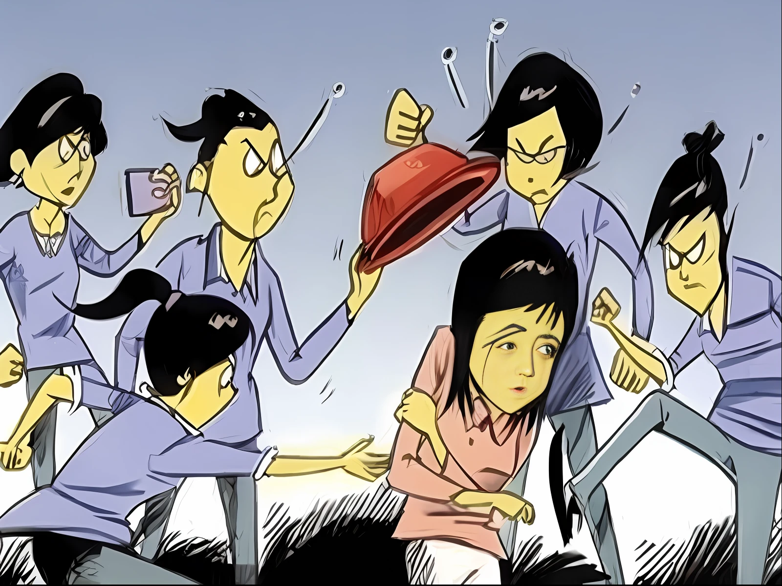 A man, surrounded by a group of women, insulting