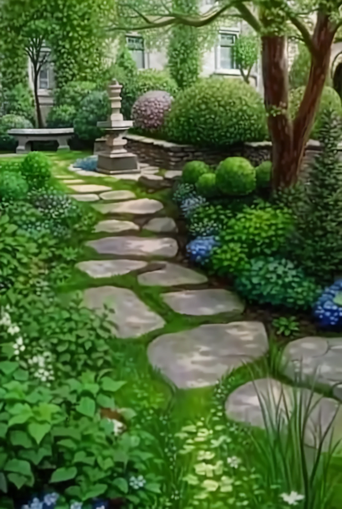 a close up of a stone path in a garden with trees, stone pathways, stone paths, lush and green, lush chic garden, very very beautiful!, beautiful garden, dense with greenery, lush garden, very very very beautiful!, lush landscaping, lush landscape, stepping stones, pathway, lush garden in the background, wow it is beautiful, beautiful setting, lush green