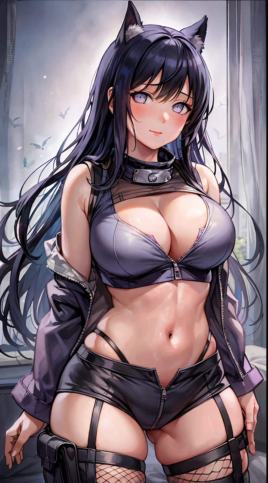 Masterpiece, highres, high Quality, detailed face, detailed body render, 1girl, solo, hyuuga hinata, hinata-sleeveless-outfit, large breasts, big breast, sleeveless shirt, fishnet top, dark lips, unzipped jacket, no bra, breasts out, nipple, standing, blushes, (on bedroom)