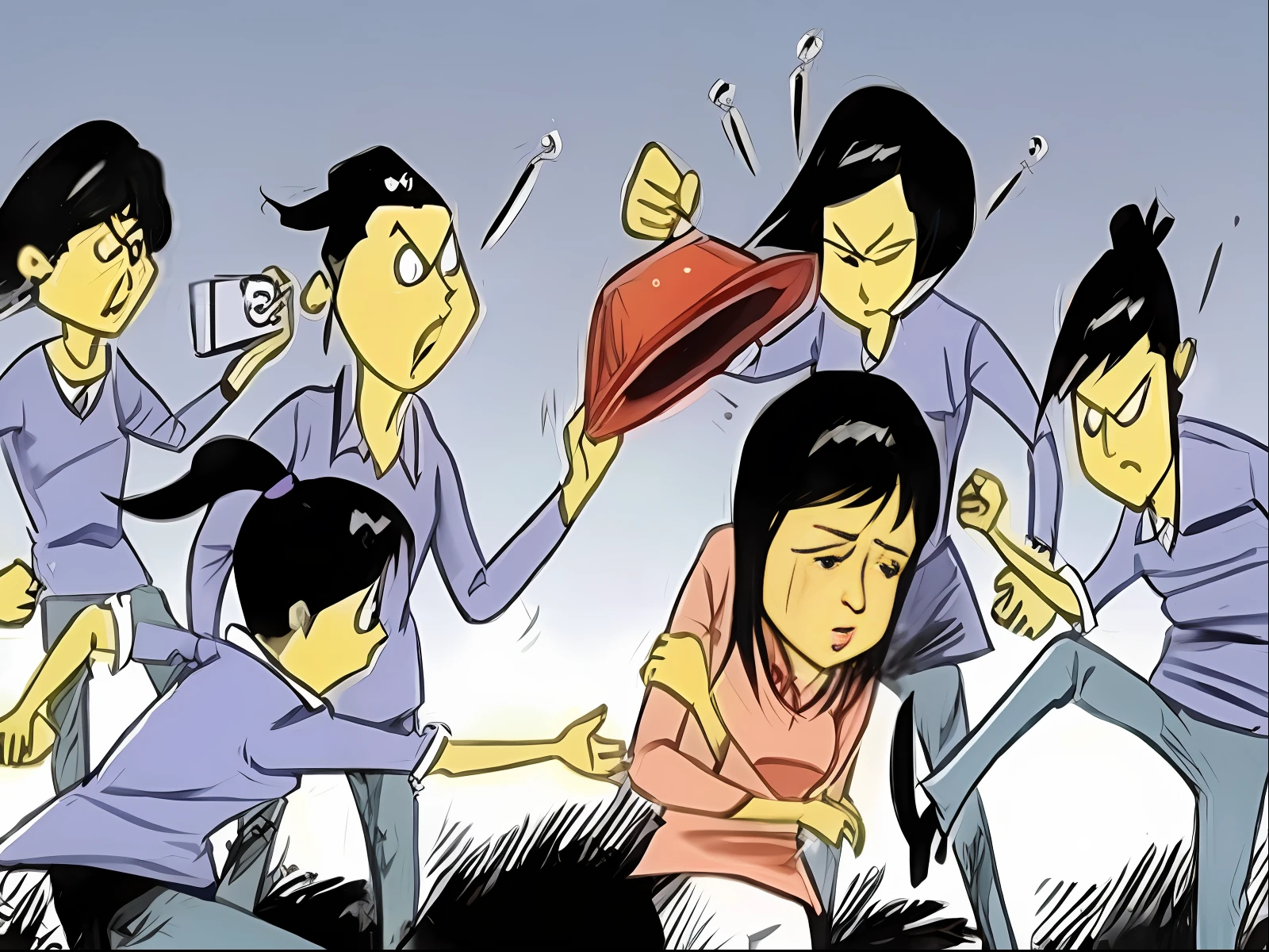 A man, surrounded by a group of women, insulting