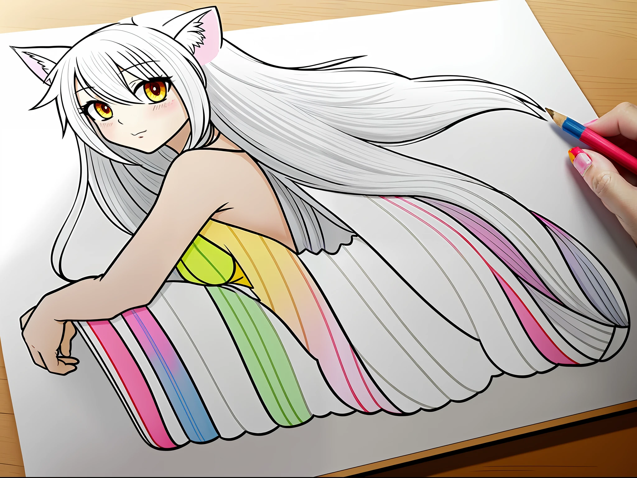 (engraving, (drawing)), (hand drawn), (out lined, (drawn in pencil)), (colorful, (painted with colored pencil)), (remove background), Anime girl sitting on bench with cat ears on her head, solo, seductive anime girl, anime goddess, gaifu cute anime, white-haired girl, perfect white-haired girl, detailed long hair, beautiful anime girl, long-haired anime girl, (Nude:1.2), no clothes, (delicate lingerie:1.3), from_side, bright colors, assorted colors, random colors, mosaic of colors.