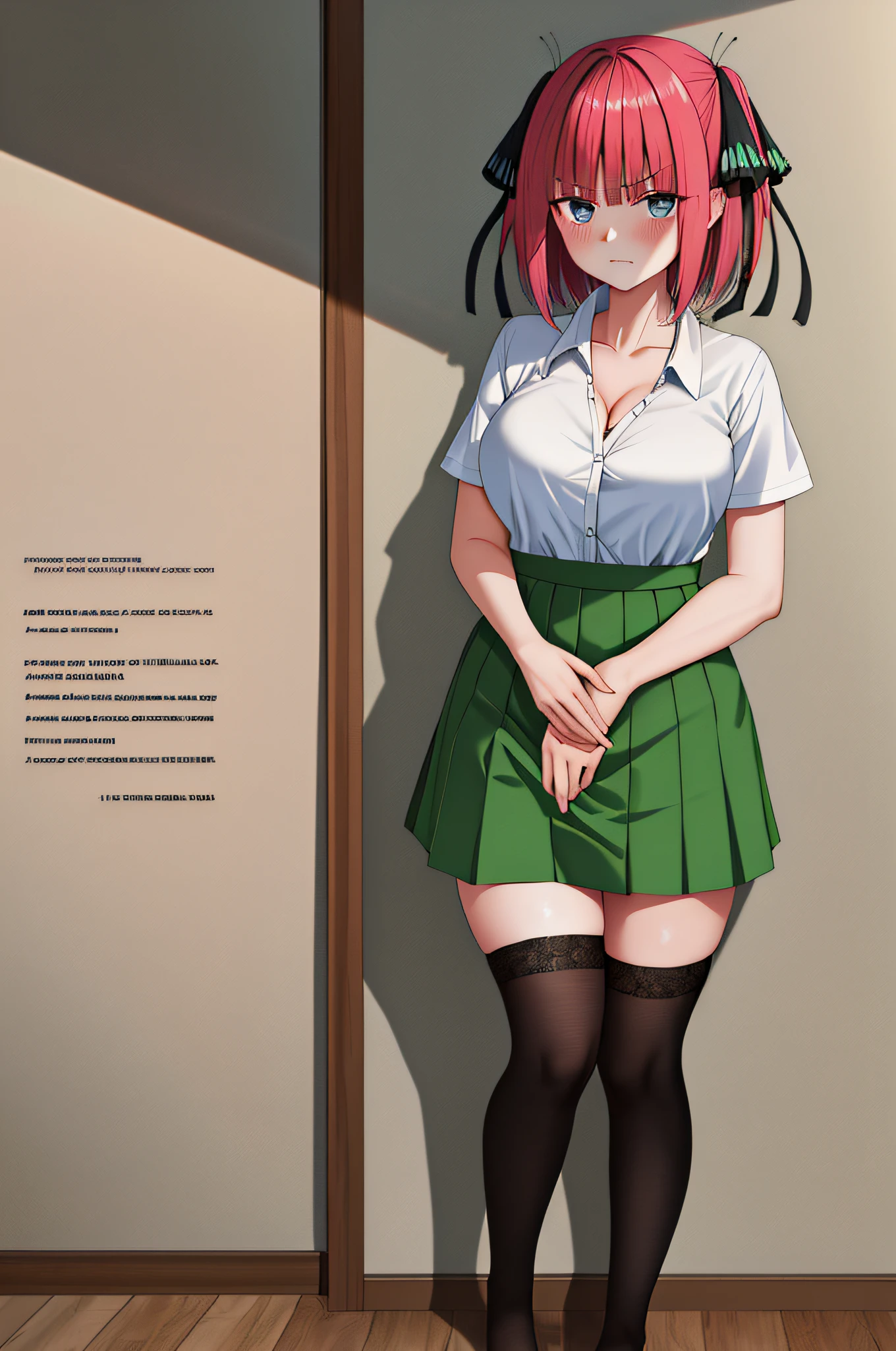 masterpiece, best quality, highres, nn1, 1girl, hair ribbon, short hair, large breasts, cleavage, green skirt, white shirt, collared shirt, open clothes, black thighhighs, short sleeves, skirt lift, annoyed, blush, full body, standing,