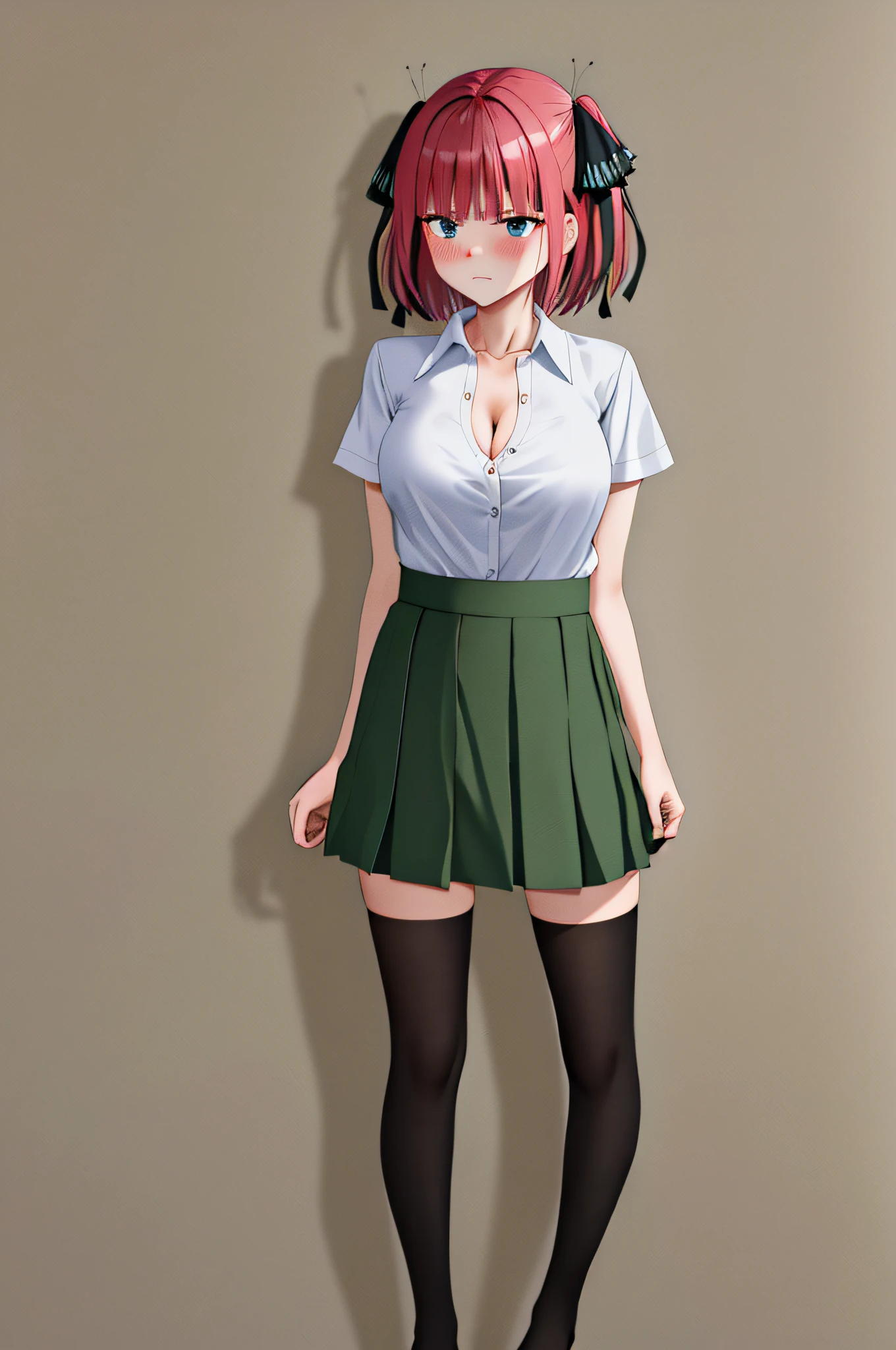 masterpiece, best quality, highres, nn1, 1girl, hair ribbon, short hair, large breasts, cleavage, green skirt, white shirt, collared shirt, open clothes, black thighhighs, short sleeves, skirt lift, annoyed, blush, full body, standing,