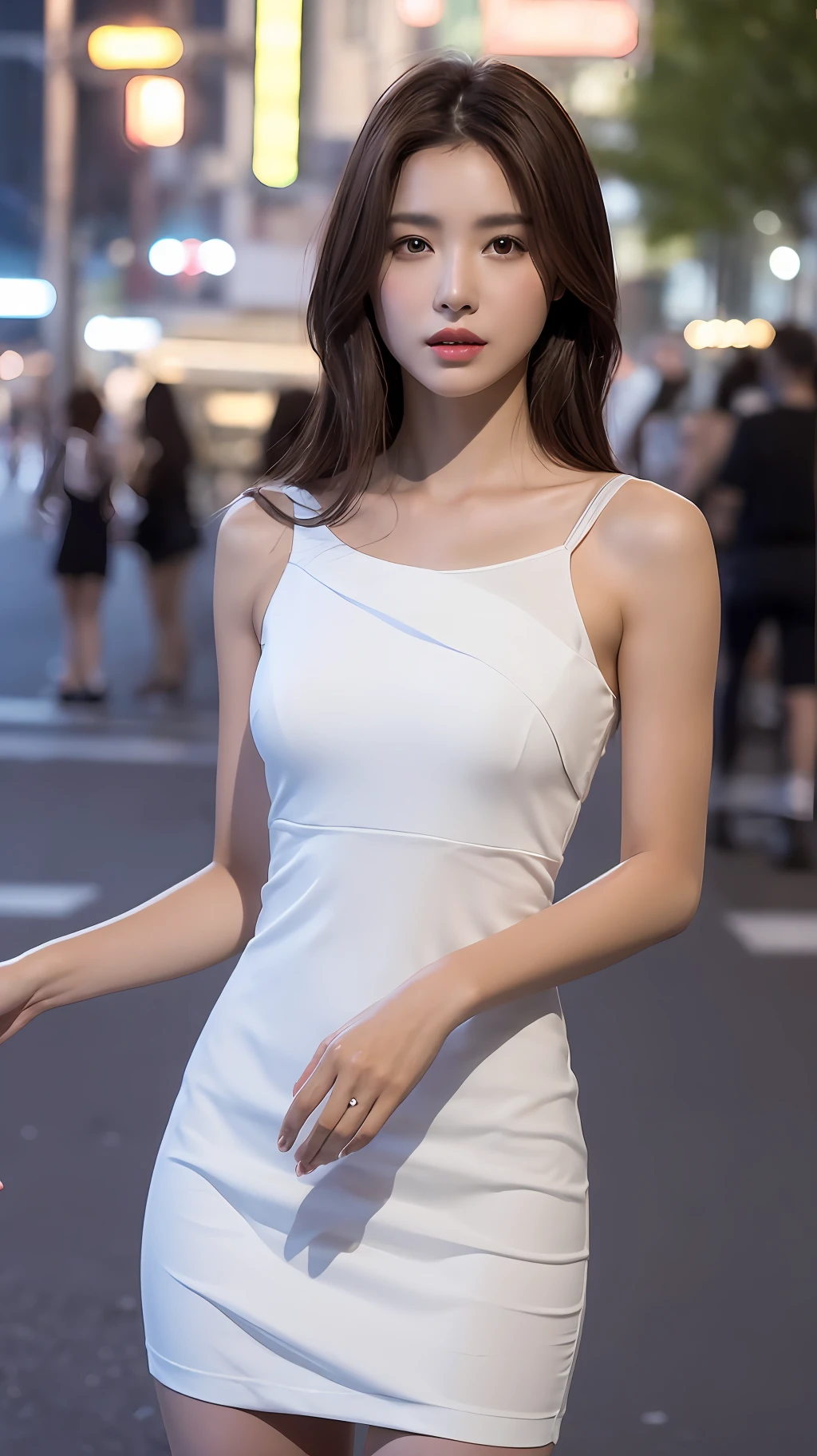 ((Realistic lighting, Best quality, 8K, Masterpiece: 1.3)), Clear focus: 1.2, 1girl, Perfect body beauty: 1.4, Slim abs: 1.1, ((dark brown hair)), (White dress: 1.4), (Outdoor, night: 1.1), City Street, Super Fine Face, Fine Eyes, Double Eyelids, (Over the knee black stockings: 1.5)