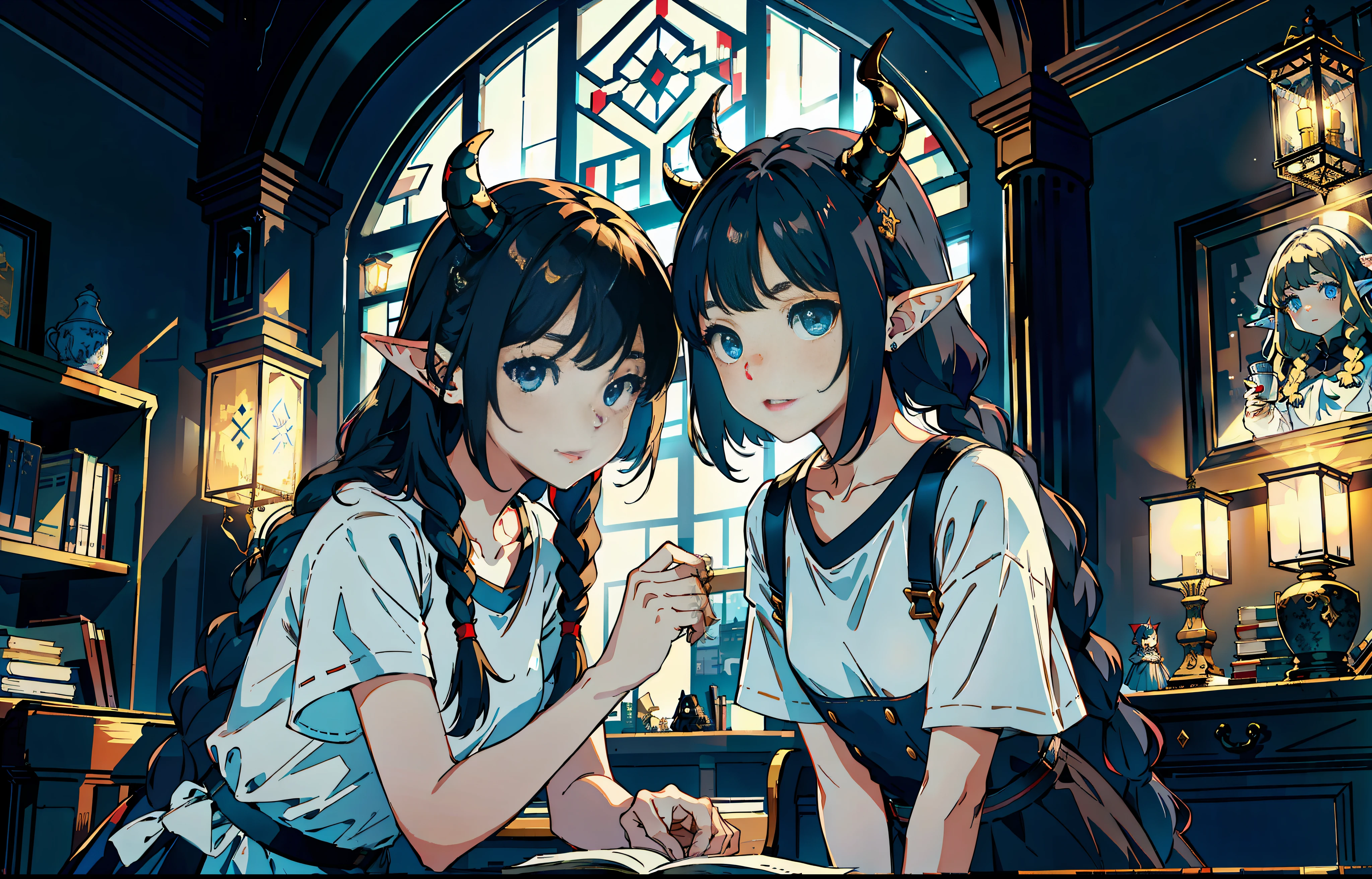 （best quality:1.4）,(masterpiece:1.3),solo,（church，night，winter,yellow lights, desk lamps，Place elbows on the table，jasmine，black hair,braids,blue eyes,elf ears,red fur coat,2 demon horns：1.3），solo,（Lovely interior, detailed interior,caffee,books, indoors，Lovely interior：1.3）,  young girl, wide white T-shirts, black eyes, （jewel-like pupils：1.3）, （clear faces, hands supporting faces）, gazes, serious gazes, smiles, cute girls, fluffy hair, cute dolls