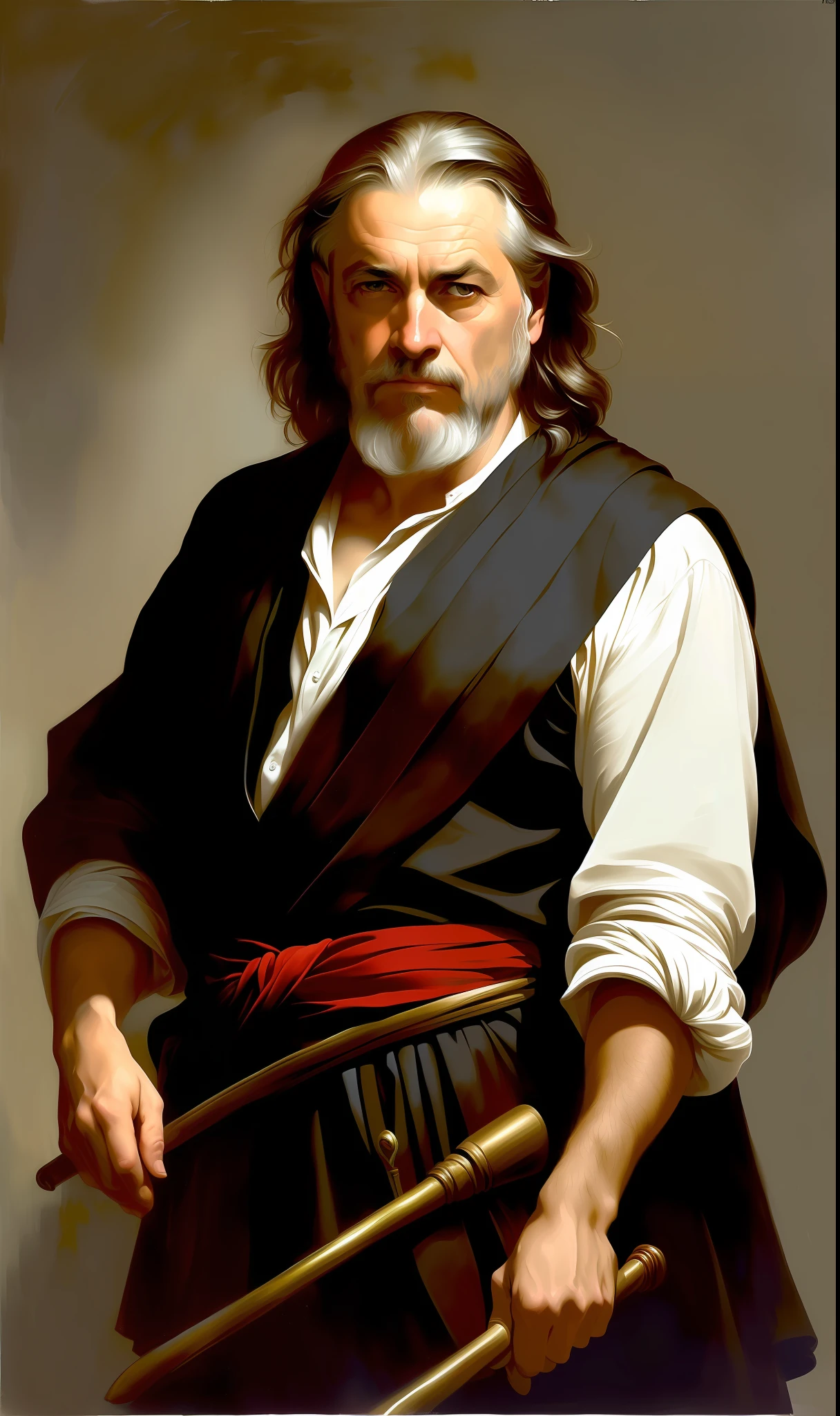 A beautiful ultra-thin realistic portrait of Noah, the biblical hero, an old Hebrew, long gray hair, long gray beard, wearing black and red striped tunic, holding a joiner's hammer, in front view, full body, biblical, in the background of the image Noah's Ark with animals, realistic, intricate details, by Abbott Fuller Graves, Bartolome Esteban Murillo, jc leyendecker, craig mullins, peter paul rubens, (caravaggio), trend in artstation, 8k, Concept Art, Fantasy Art, PhotoRealistic, Realistic, Illustration, Oil Painting, Surrealism, HyperRealistic, brush brushes, Digital art, style, watercolor