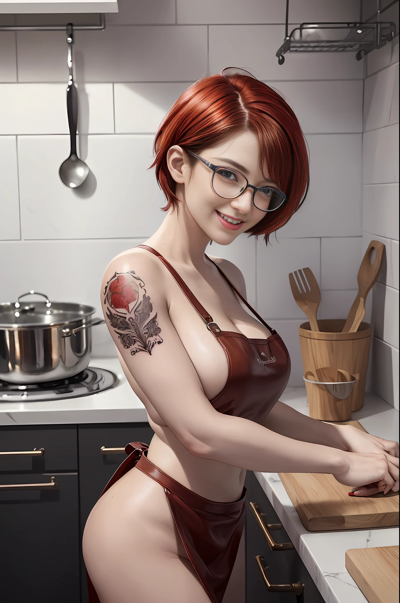 Masterpiece, best quality, hi-res photorealistic, high detailed skin,(real skin), Beautiful 25yo female wearing naked apron, red leather apron, thin black-frame glasses, short red hair, white teeth smile happy face, tattoo in arm, sweaty:1.2,medium breasted, cooking in the kitchen , soft lightning, deep shadow, beautiful photography