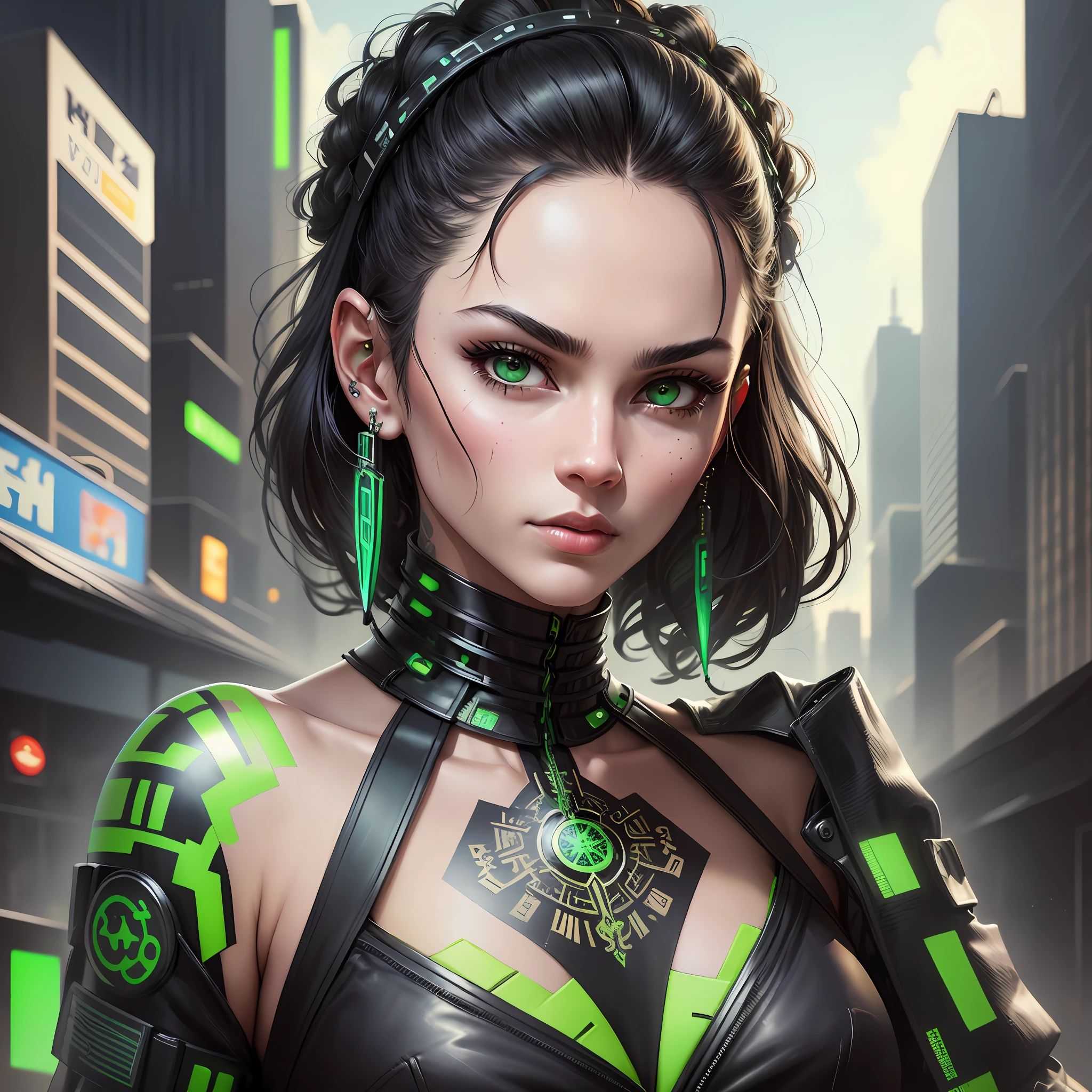 Best Quality, Masterpiece, High Resolution, Intricate, High Detail, Sharp Focus, Vintage, Solo, Digital Art, Detailed Face. A woman, black hair, hair shaved sideways, green eyes, impassive expression, ear piercing, tattoo on the head, looking forward, techwear style, cyberpunk style,