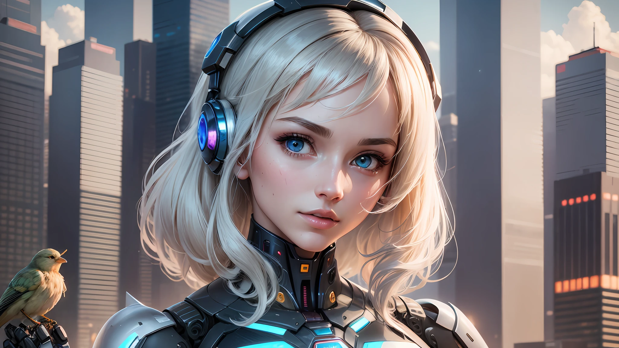 A robot with the perfect face of a woman, super realistic humanoid, with a detailed mechanical body. The image is in 8K and shows the robot holding a bird in its hand, in a peaceful environment with a futuristic city background. The robot is extremely realistic, with facial features similar to those of a human. He is peaceful and his appearance is a masterpiece of high quality. Your skin feels damp, adding an extra touch of realism. The robot has the appearance of a young woman, with medium breasts and her clothing is translucent, creating a suggestive effect. The style for this image is photographic, captured with a high-resolution camera, using a 50 mm portrait lens, with a carefully adjusted setting. --auto --s2