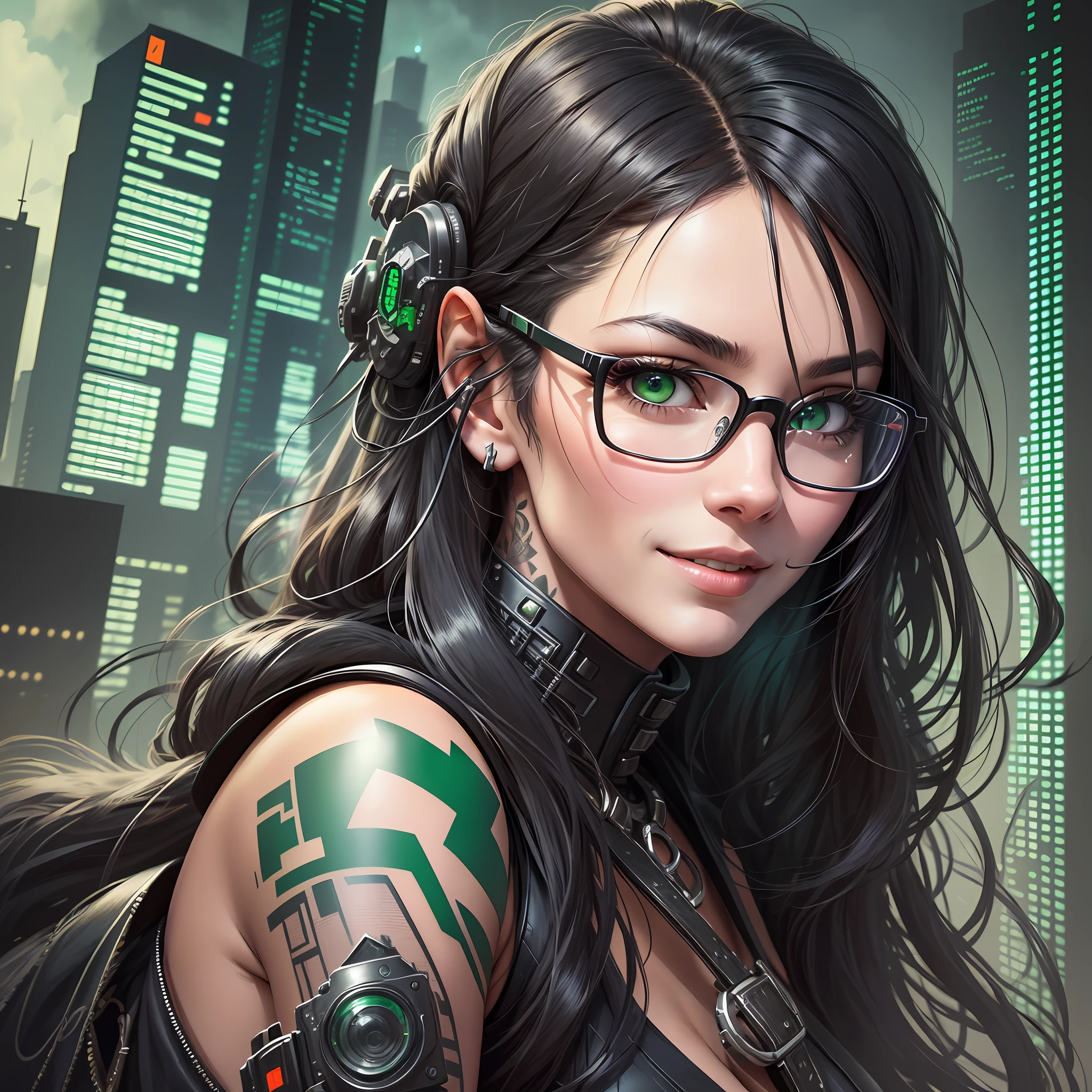 Best Quality, Masterpiece, High Resolution, Intricate, High Detail, Sharp Focus, Vintage, Solo, Digital Art, Detailed Face. A woman, black hair, long hair, green eyes, tattoo, looking forward, smile on face, body leaning forward, realistic fingers, glasses on face, techwear style, cyberpunk style,