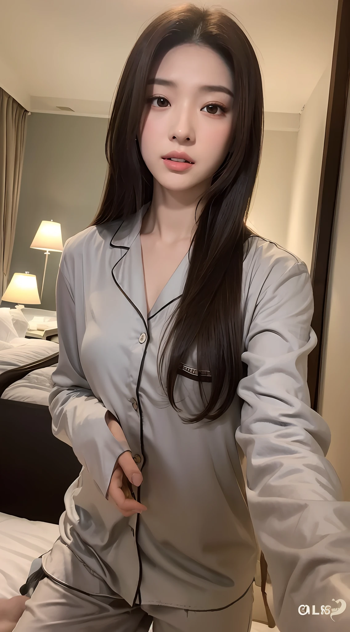 ((Realistic lighting, Best Quality, 8K, Masterpiece: 1.3)), Clear focus: 1.2, 1girl, Perfect Figure: 1.4, Slim Abs: 1.1, ((Dark brown hair)), (Pajamas: 1.4), (Indoor, Bed: 1.1), Lying on your side, Selfie, Super fine face, Fine eyes, Double eyelids, Flushing,
