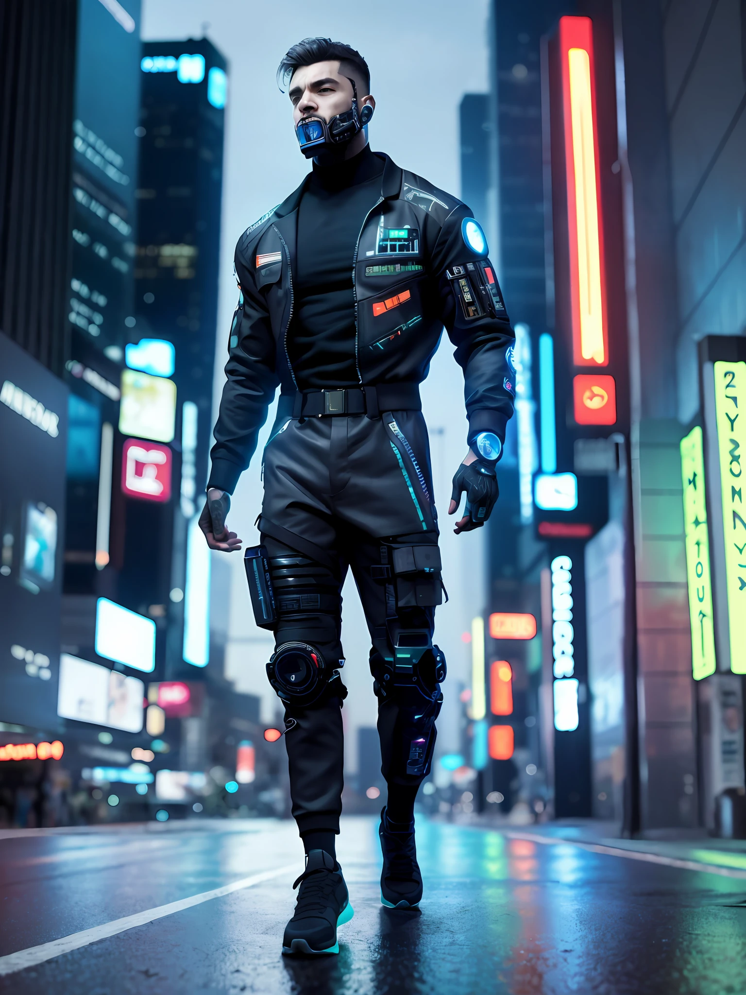 masterpiece, best quality, detailed, 8k wallpaper, far shot, full body, man cyborg, cyberpunk, wearing cyberpunk jacket, jumpsuit, on the street, blacklight, neoncityback ground, cyberwearables