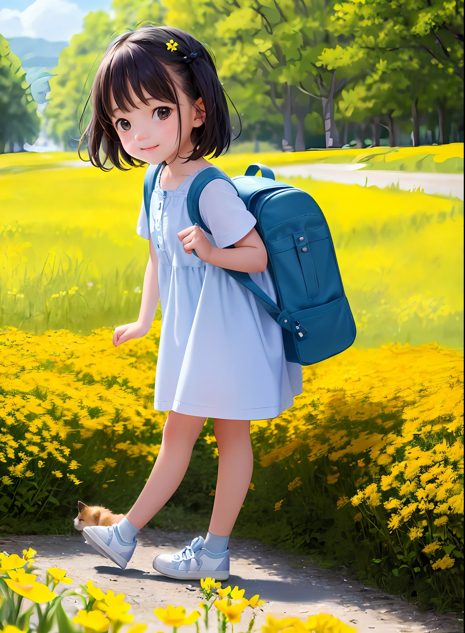 Prompt: An incredibly charming little girl carrying a backpack, accompanied by her adorable puppy, enjoying a lovely spring outing surrounded by beautiful yellow flowers and natural scenery. The illustration is in high definition at 4k resolution, with highly-detailed facial features and cartoon-style visuals.