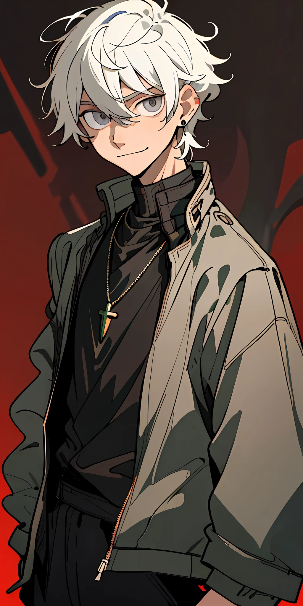 masterpiece,(masterpiece, top quality, best quality),(((flat color))),1boy, male focus, jewelry, solo, white hair, looking at viewer, necklace, upper body, earrings, hair between eyes, jacket, grey eyes, short hair, smile, blurry, open clothes, black jacket, bangs, closed mouth, shirt, blurry background, messy hair