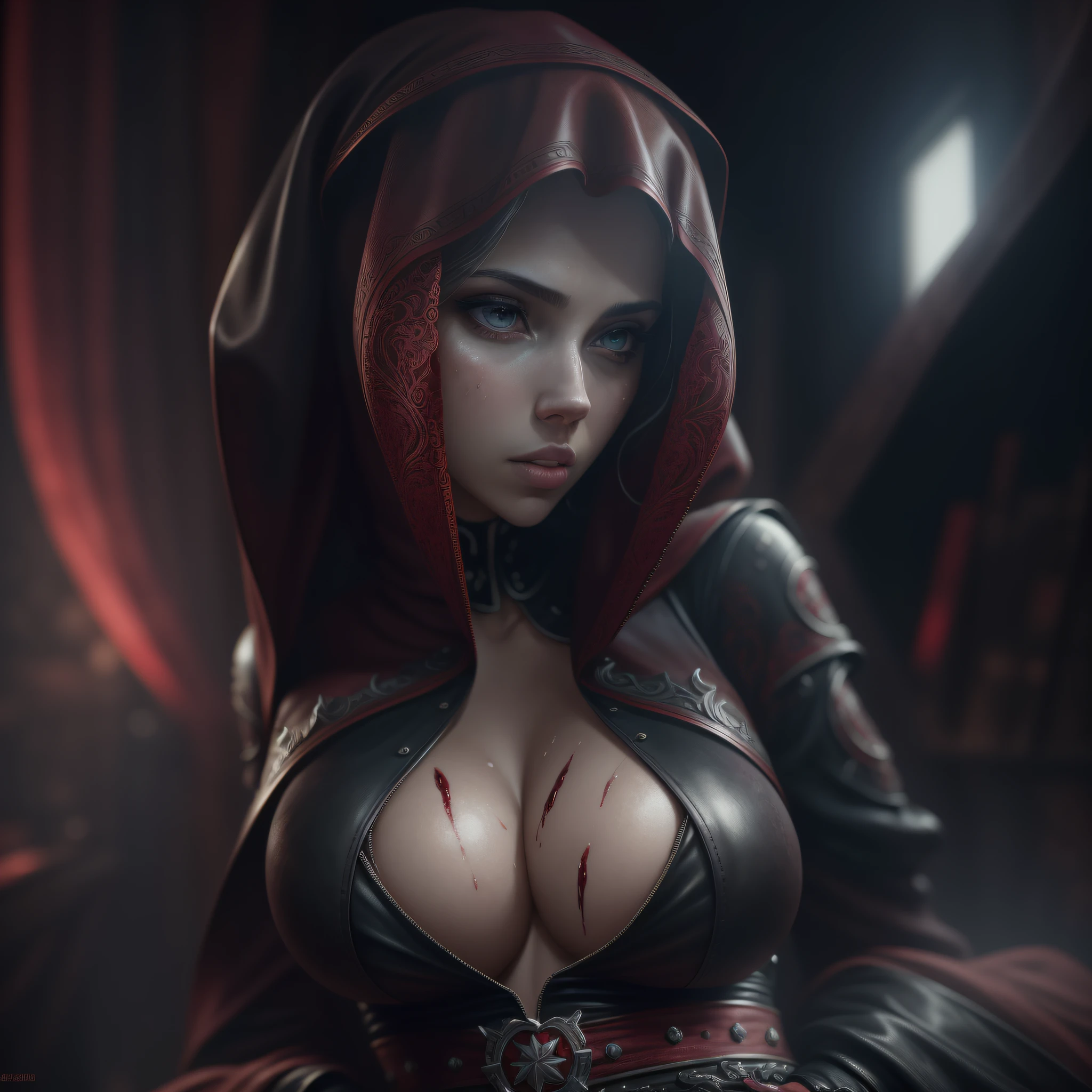 Scarlett Johansson, 1280x720, nun, leather clothes, gorgeous body, huge breasts, gothic, realistic, sweaty, blood falling from her lips, she is a dj shorts, in a disco full of zombies behind her, shot in dslr, detailed face, cinematography, maximum detail, neutral colors, hdr, shades of red, soft cinematic light, insane details, intricate details, masterpiece, wallpaper, (detailed), high quality, ((highly detailed skin, skin details)), sharp focus, 8k uhd. --auto --s2