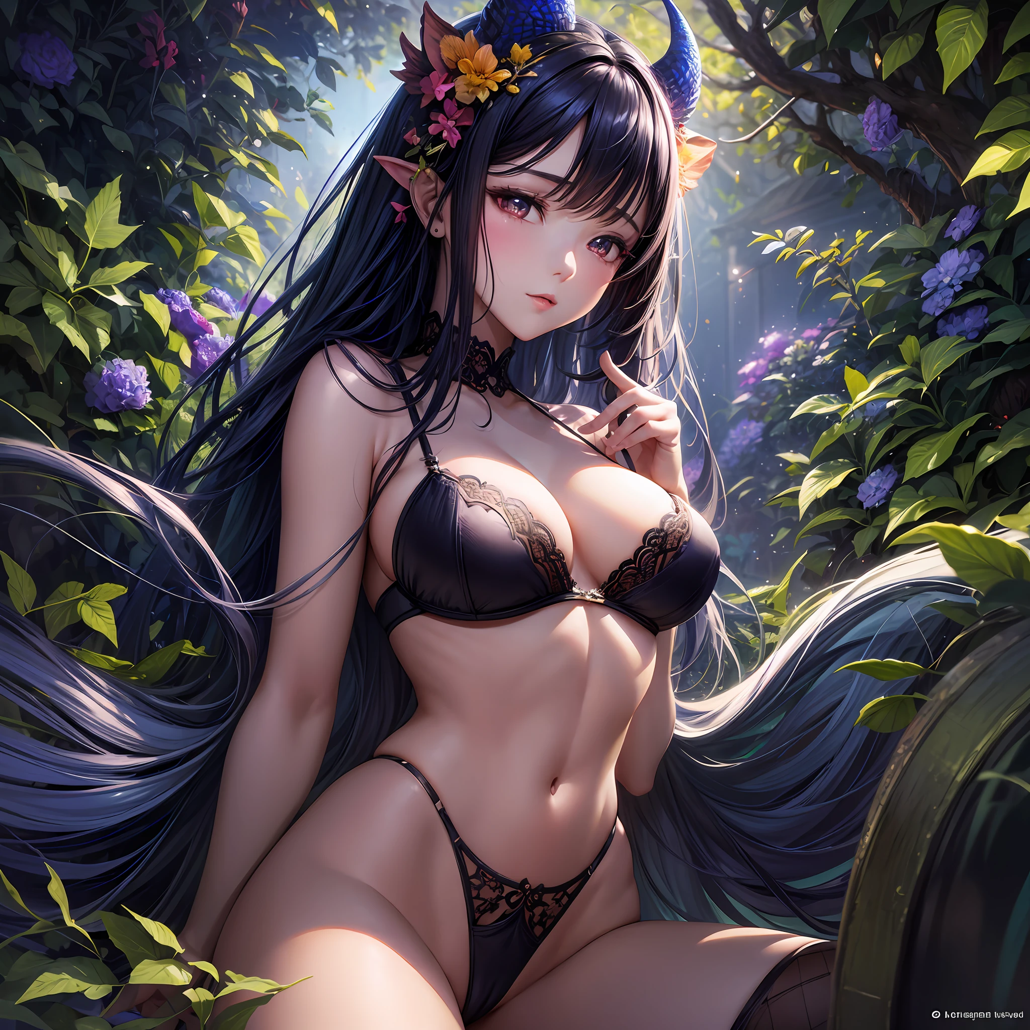 (extremely cute and delicate CG illustration, ultra-detailed and ultra-high quality), best illumination, best shadow, an extremely cute and adorable cu73cre4ture (agama), small horns on its head, vibrant and vivid colors, fishnet stockings, look through wet bra and pantie ,spread legs, floating, in a magical and enchanting place, with lush vegetation and vibrant flowers, oily skin,big breasts, thighs, face, long black hair, beautiful Korean girl, realistic. --auto --s2