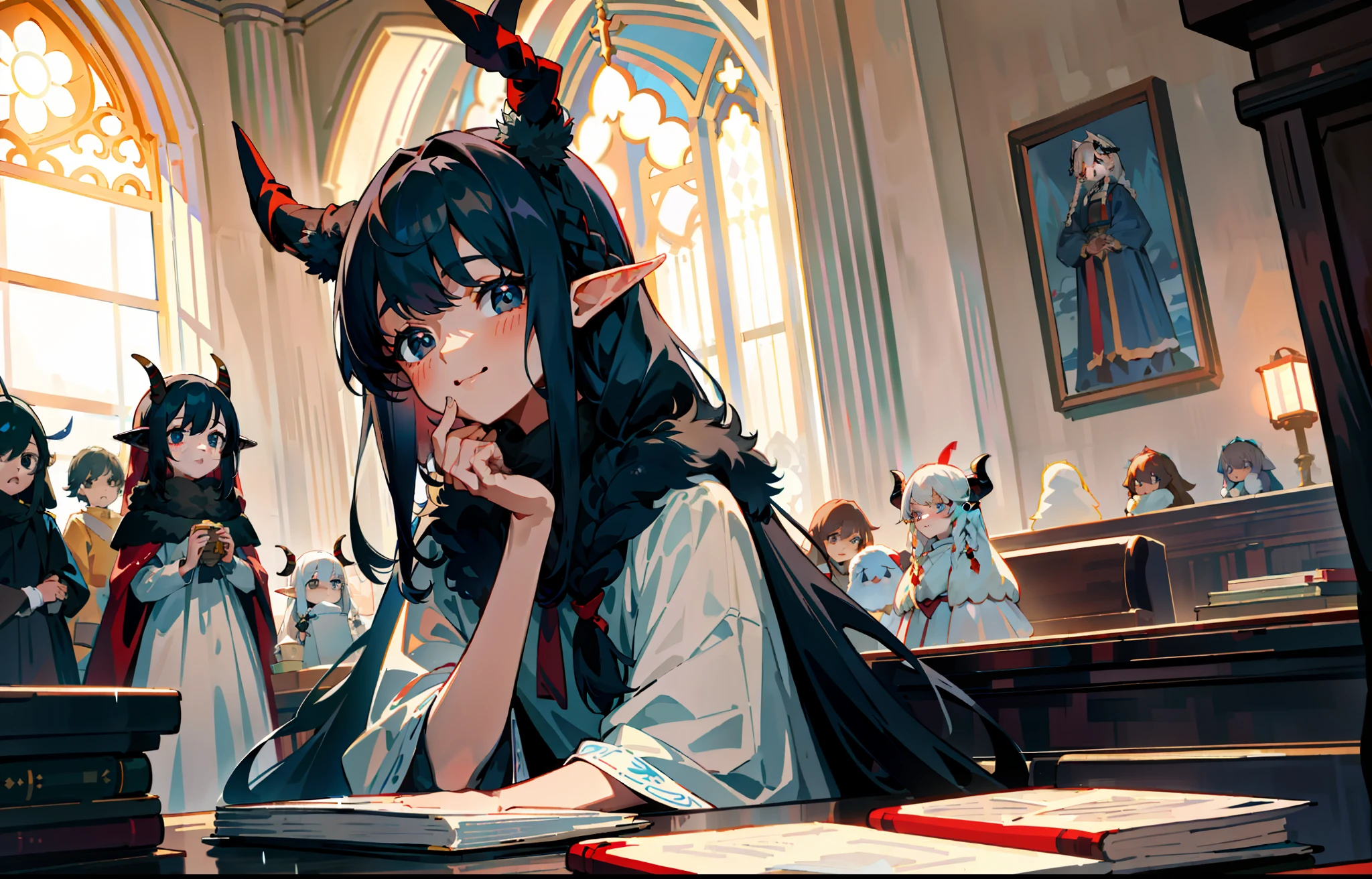 （best quality:1.4）,(masterpiece:1.3),solo,（church，night，winter,yellow lights, desk lamps，Place elbows on the table，jasmine，black hair,braids,blue eyes,elf ears,red fur coat,2 demon horns：1.3），solo,（Lovely interior, detailed interior,caffee,books, indoors，Lovely interior：1.3）,  young girl, wide white T-shirts, black eyes, （jewel-like pupils：1.3）, （clear faces, hands supporting faces）, gazes, serious gazes, smiles, cute girls, fluffy hair, cute dolls