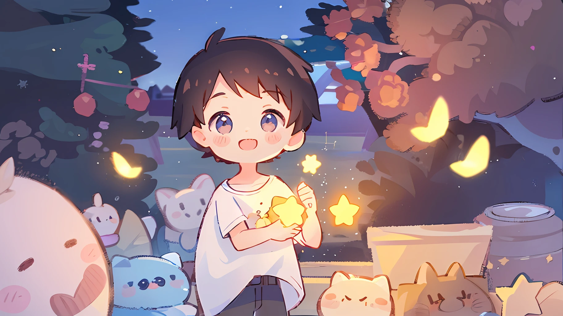 Best quality, masterpiece, ultra high res, clean facial features, flat desigen, wide shot, face to viewer,
(one boy), solo, (light smile), cute white t shirt, kawaii, fireflies, cure, zhiyu, star, glowing in the dark