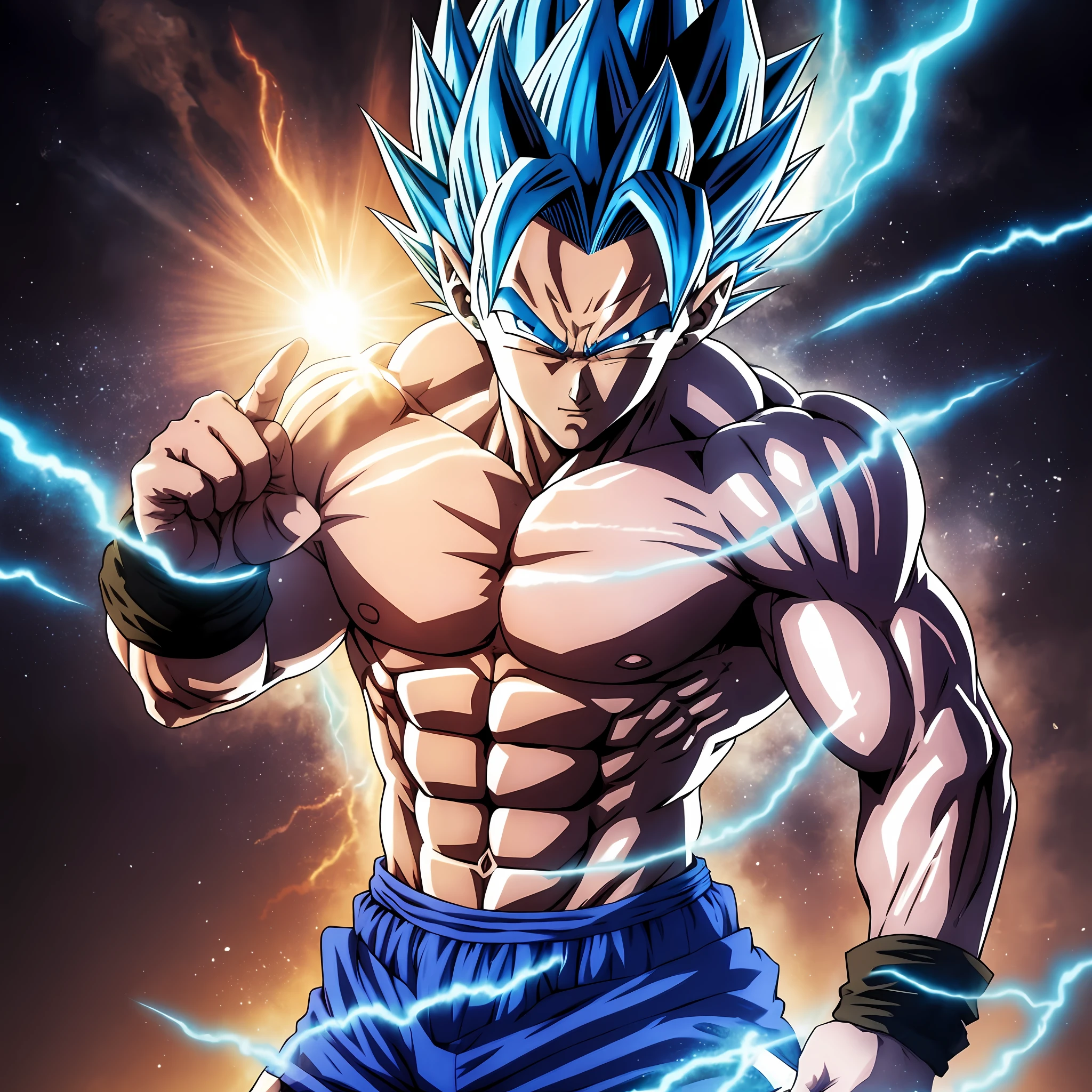 Vegeta, 1boy, anime, muscular man, clenched hands, blue hair, blue eyes, super sayajin, topless, blue and neon aura, hdr, overflowing colors, closed mouth, designed by Akira toriyama