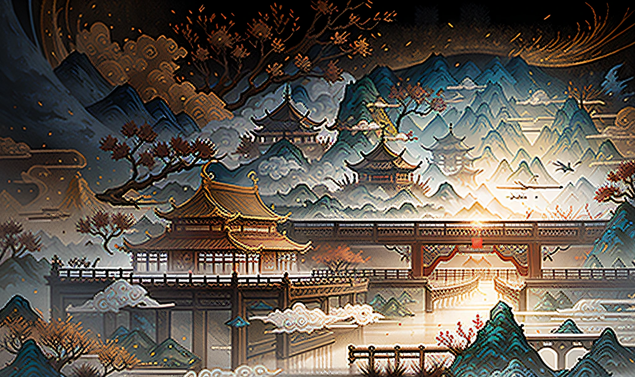ancient chinese painting, ancient chinese background, mountains, river, auspicious clouds, pavilions, sunlight, masterpiece, super detail, epic composition, ultra hd, high quality, extremely detailed, official art, unified 8k wallpaper, super detail