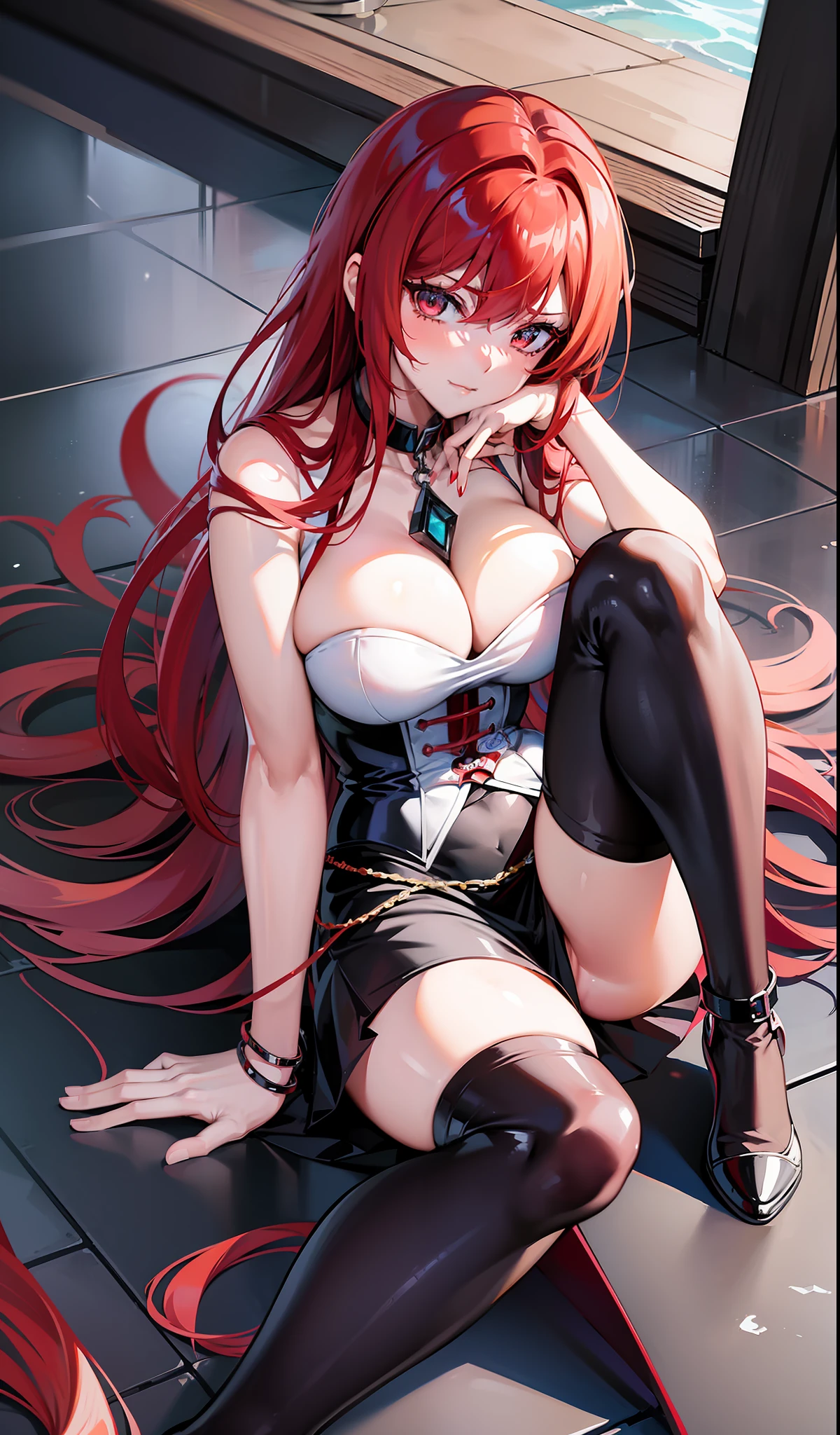 anime girl laying on a checkered floor with her hand on her chin, rias gremory, highschool dxd, erza scarlet as a real person, anime girl named lucy, kurisu makise, she has red hair, with long red hair, with red hair, rei hiroe, the anime girl is crouching, female anime character, anime character