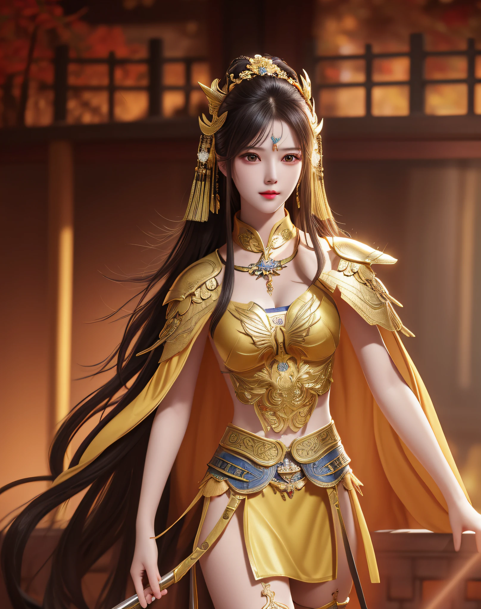 best quality, masterpiece, high resolution, 1girl, ancient chinese battlefield background, metal armor, cape, metal collar, ancient spear, hair ornament, necklace, jewelry, beautiful face, upon_body, tyndall effect, realistic, dark studio, edge lighting, duotone lighting, (high detail skin:1.2), 8k ultra hd, dslr camera, soft lighting, high quality, volumetric lighting, frank, photos, high resolution, 4k, 8k, bokeh, yellow bikini armor, Ancient metal spear, chest embroidered phoenix, metal cuirass, tight, bare arms, weapons, short bracers, stockings, weapons