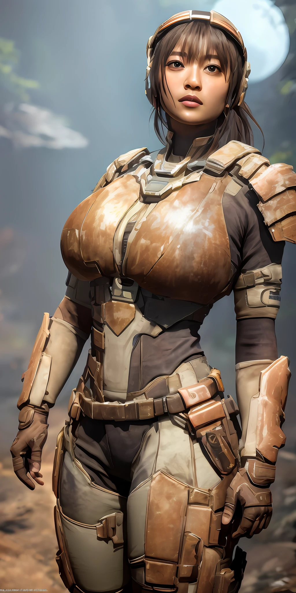 1 girl in dead space suit without helmet stands imposing in a USG Ishimura. (gigantic breasts:1.2), perfect body: 1.4, Slim abdomen: 1.3 , Moonlight highlights your muscles and scars. The scenery is lush and mysterious, with futuristic tech and surroundings. The camera details everything, a warrior woman, old and dirty copper armor, full body armor, This official art Unreal 8k wallpaper is a super detailed, beautiful and aesthetic masterpiece, the best quality, beautiful face,