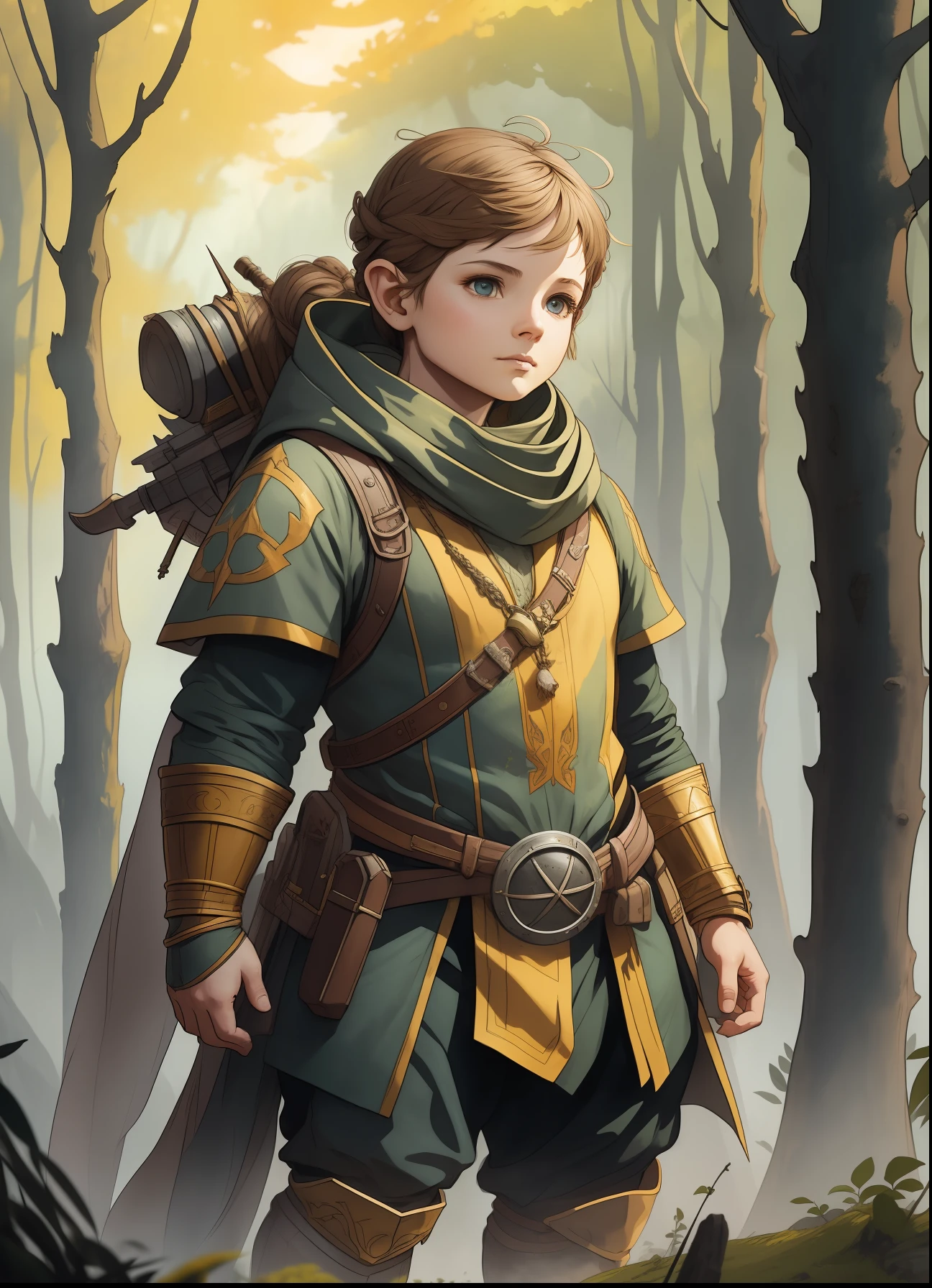 halfling rpg character, dwarf body, yellow fabric clothes, standing on a plain, line art watercolor wash, very lit forest background, abstract beauty, approaching perfection, pure form, golden ratio, minimalistic, unfinished, concept art, by Brian Froud and Carne Griffiths and Wadim Kashin and John William Waterhouse, intricate details, 8k post production, high resolution, hyperdetailed, trending on artstation, sharp focus, studio photo, intricate details, highly detailed, by greg rutkowski