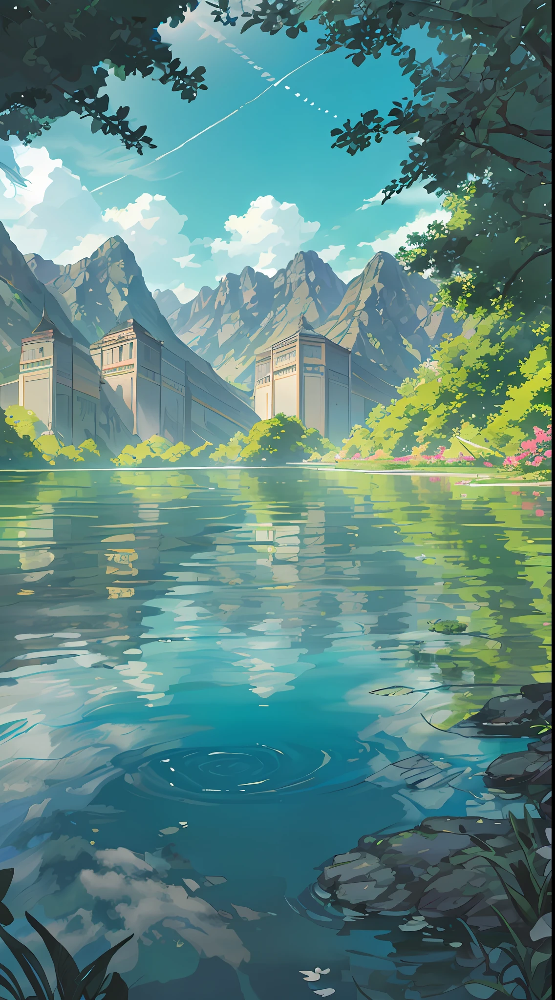 Dragon boat race, spring, jungle, lake, reflection, tree, meadow, rock, hot spring, water vapor, (illustration: 1.0), epic composition, realistic lighting, HD details, masterpiece, best quality, (very detailed CG unified 8k wallpaper) --v 6