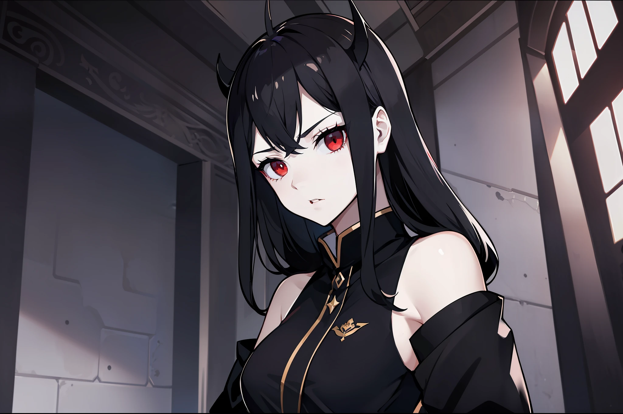 1girl, black military uniform, (pale skin), (slim), dark, black sphere, (wizard queen), levitating, night, red eyes, black hair, (bare shoulders), gothic, masterpiece, elegant, palace, interior, magic effect, dark aura, arms crossed