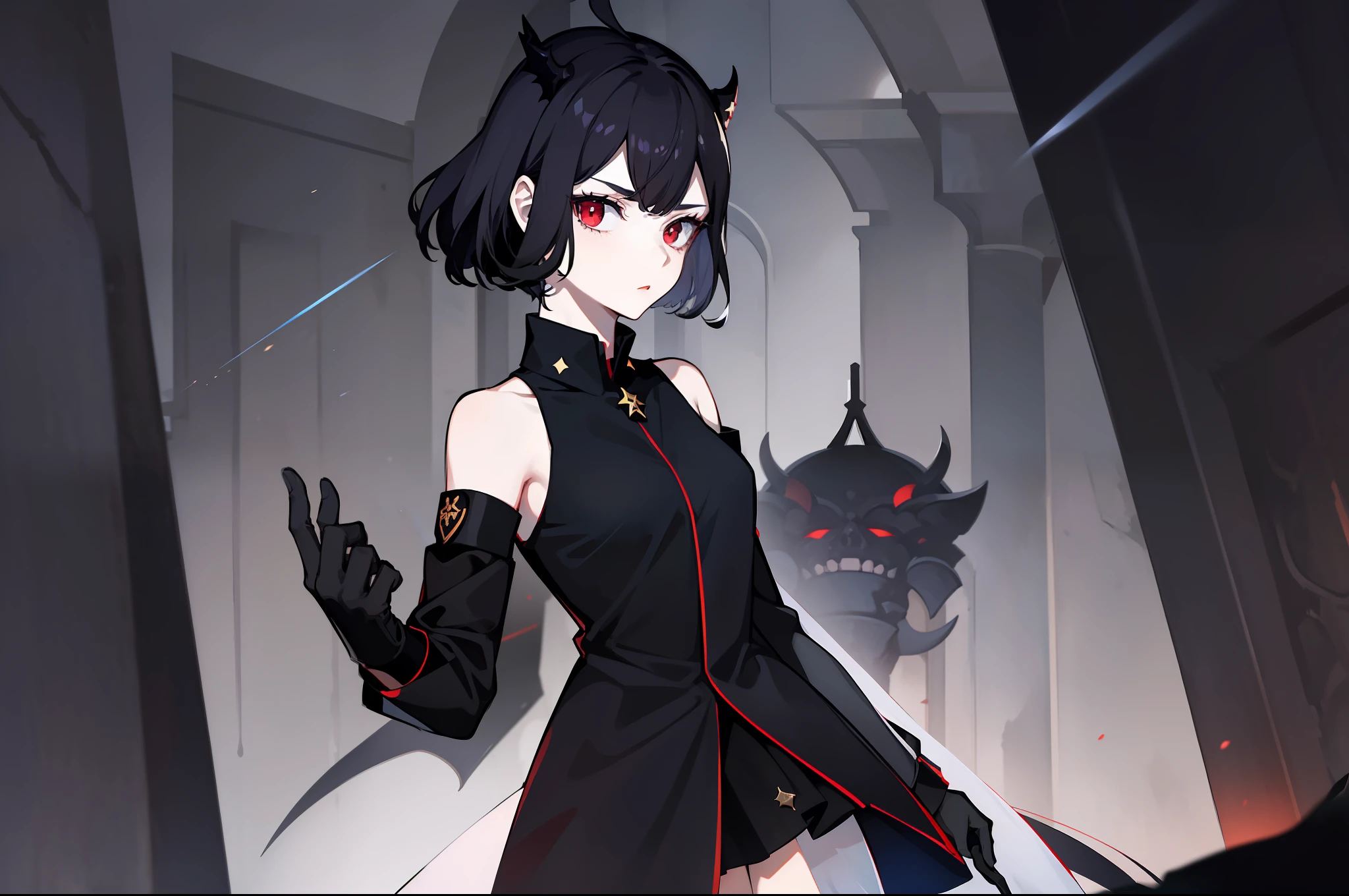 1girl, black military uniform, (pale skin), (slim), dark, black sphere, (wizard queen), levitating, night, red eyes, black hair, (bare shoulders), gothic, masterpiece, elegant, palace, interior, magic effect, dark aura, arms crossed