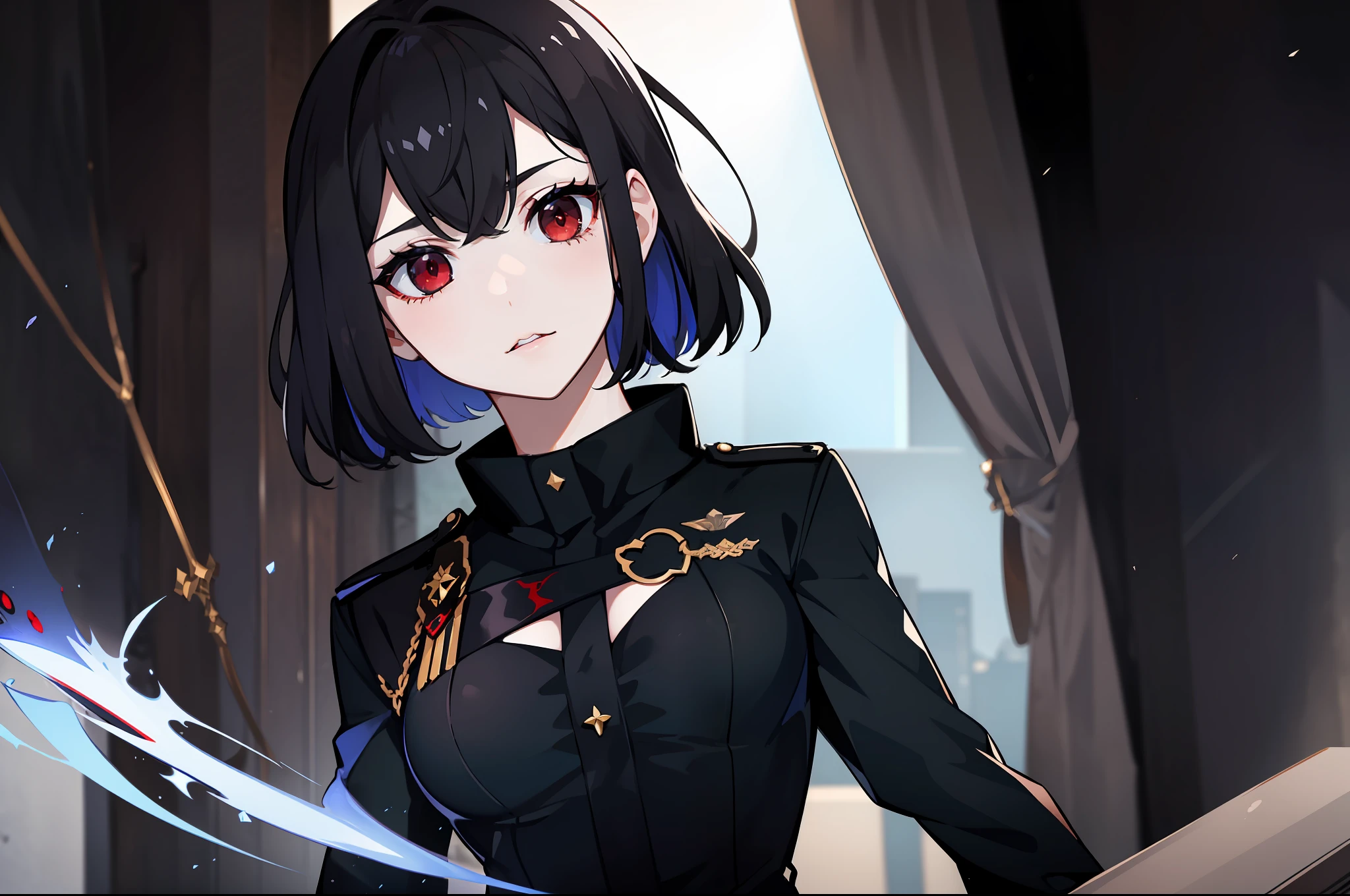 1girl, black military uniform, (pale skin), (slim), dark, black sphere, (wizard queen), (small breasts), red eyes, black hair, gothic, masterpiece, elegant, magic effect, dark aura