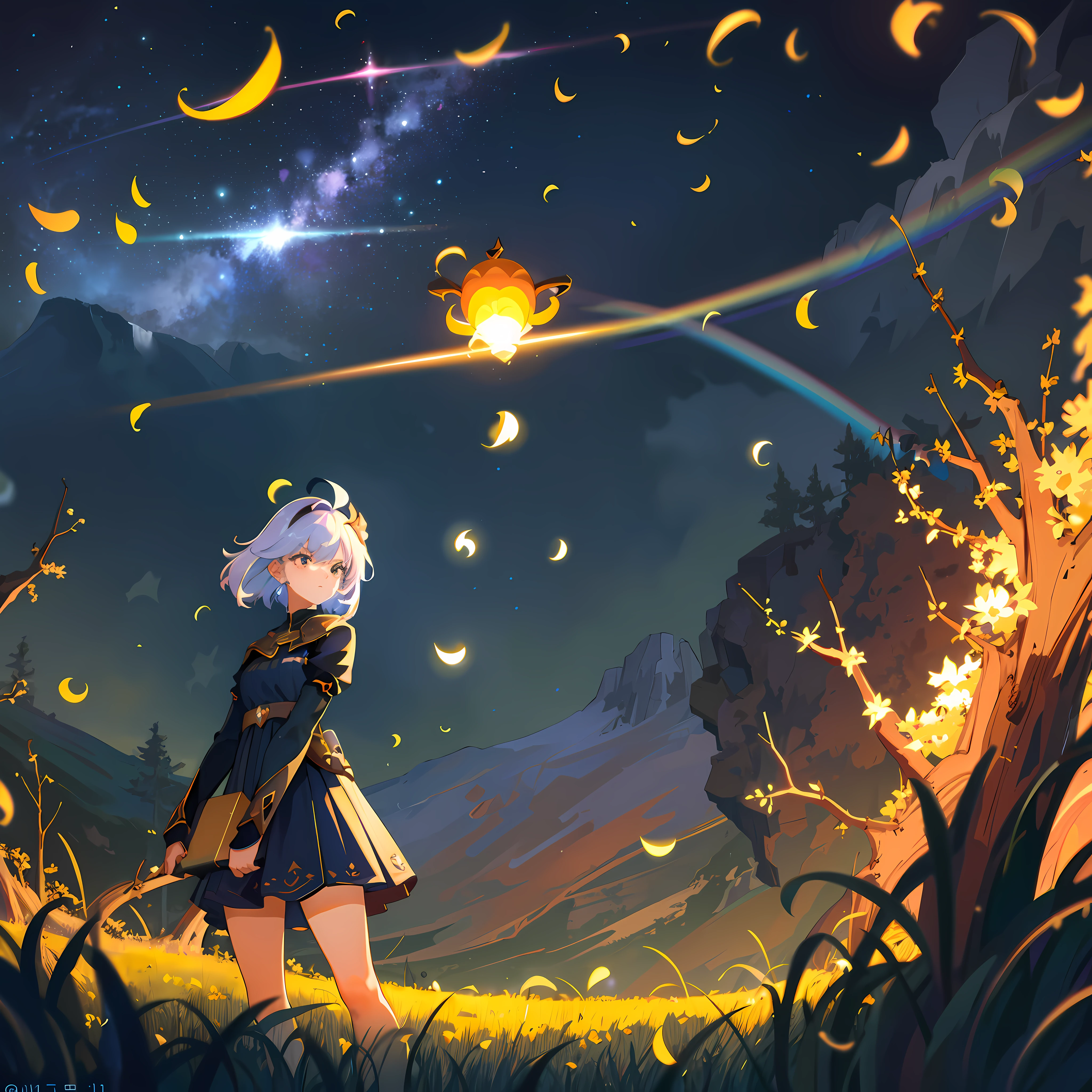 Vast landscape photo, (viewed from below, the sky is above and the open field is below), a girl standing on a flower field looking up, (full moon: 1.2), (meteor: 0.9), (nebula: 1.3), distant mountains , Trees BREAK Crafting Art, (Warm Light: 1.2), (Fireflies: 1.2), Lights, Lots of Purple and Orange, Intricate Details, Volumetric Lighting, Realism BREAK (Masterpiece: 1.2), (Best Quality), 4k, Ultra-Detailed, (Dynamic Composition: 1.4), Very Detailed, Colorful Details, (Rainbow Colors: 1.2), (Glow Lighting, Atmospheric Lighting), Dreamy, Magical, (Solo: 1.2)