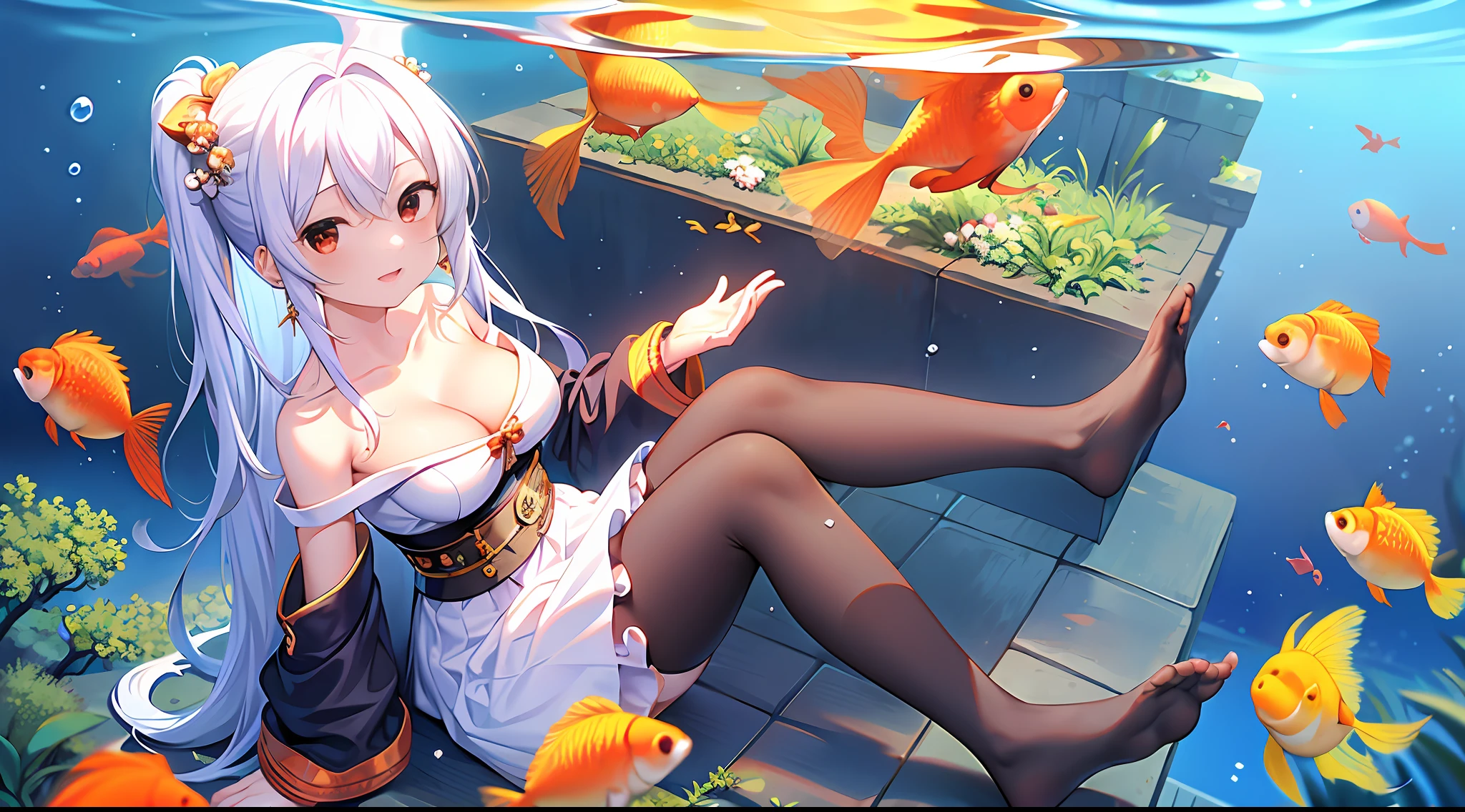 1girl, off-the-shoulder, earrings, goldfish, jewelry, cleavage, hanfu, belt, underwater, goldfish, white flowers, long skirt, red eyes, gaze, sitting position, headrest, white hair, collarbone, long hair