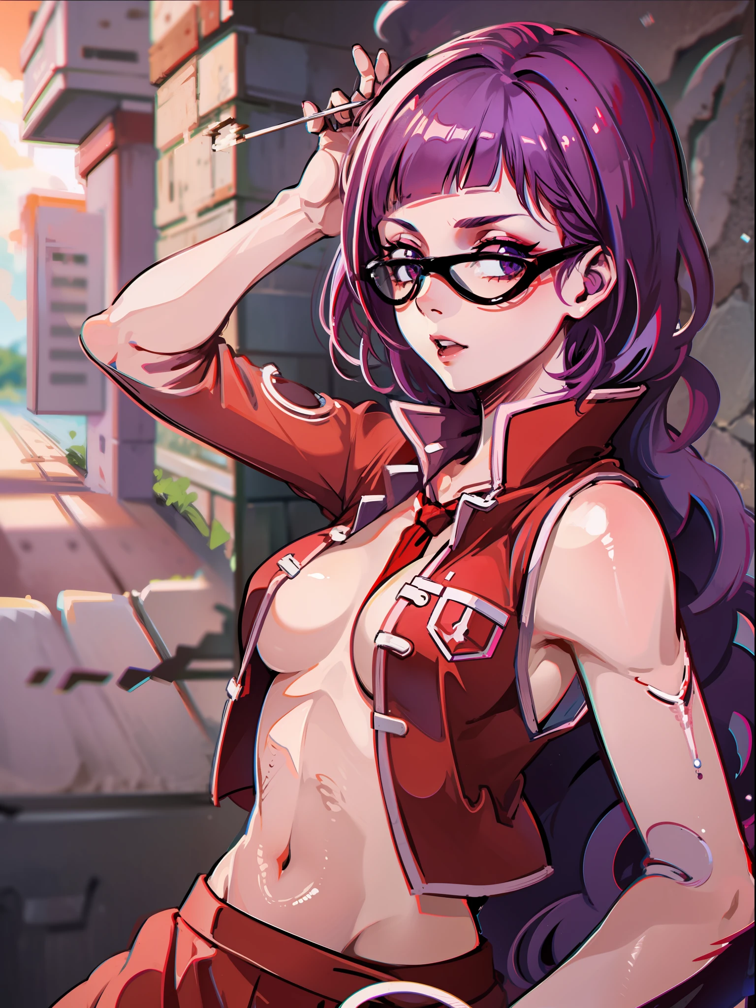 1girl, red open vest, glasses, (small breasts), low-angle shot, purple hair, red skirts, cigarette, looking at the side