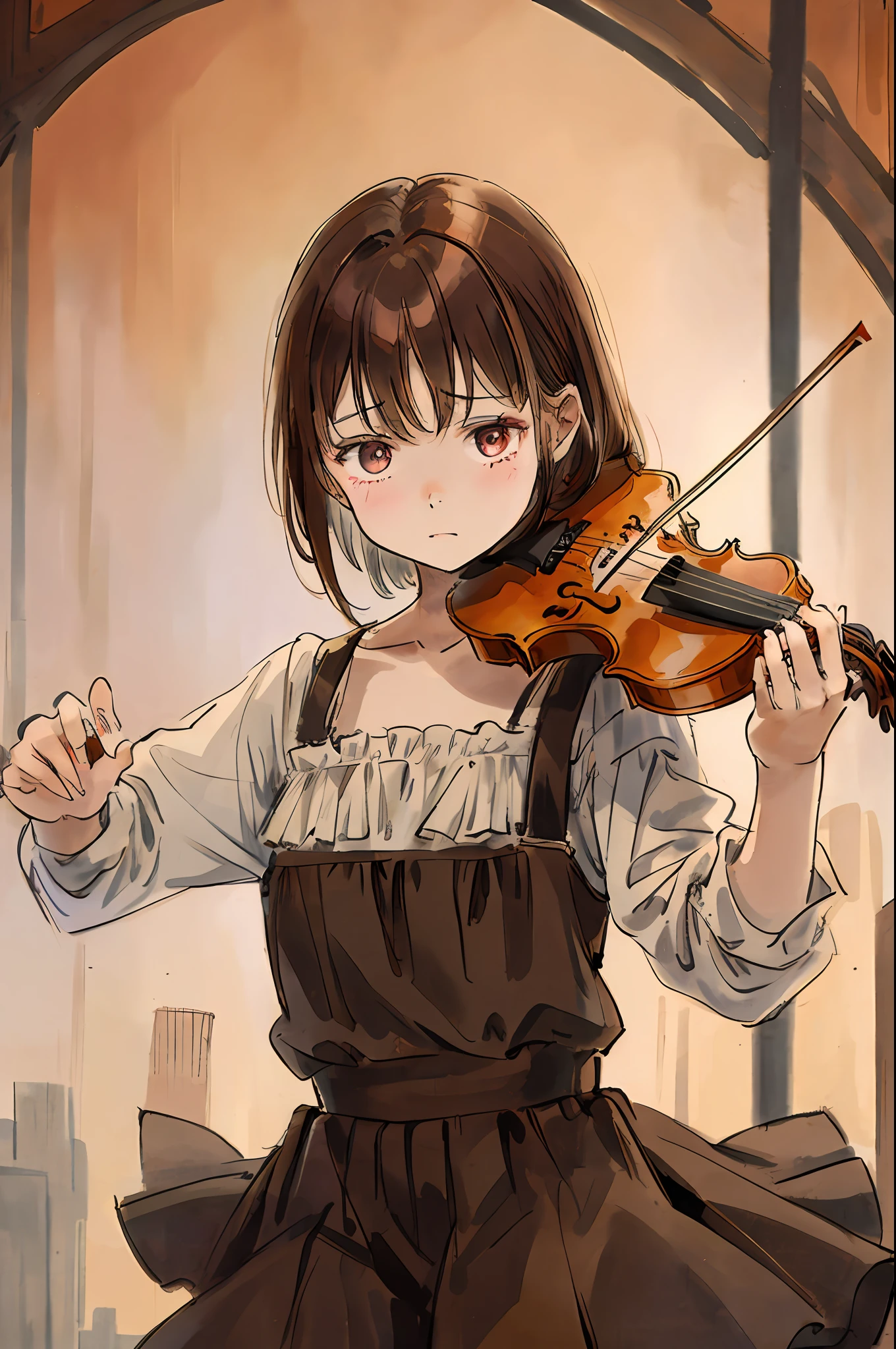 playing the violin, brown hair color, bob, dark eyes, playing the violin on stage in front of a large audience, playing the violin with a sad face, wooden violin, drawing hands properly, drawing the violin properly, empty eyes