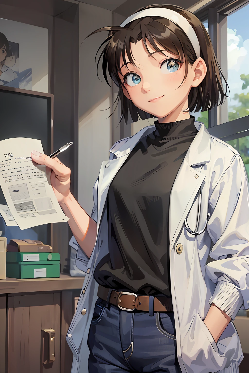 (masterpiece), (very high definition), (very high quality), (very detailed), (high definition), 1 girl, ayumi_yoshida, blue eyes, hair band, bangs, short hair, brown hair, depth of field, cowboy shot, smile, (doctor:1.2), hospital, during examination, (white jacket:1.2), hands in jacket pocket, black pants,