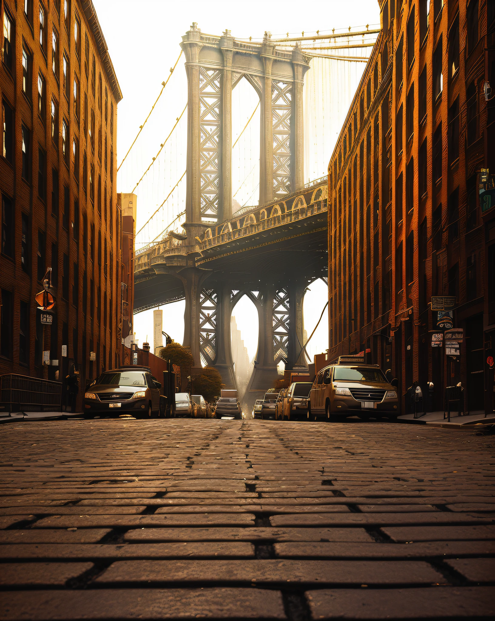 arafed view of a bridge over a city street with cars parked on the side, golden hour in manhattan, brooklyn background, streets of new york, street of new york, in the middle of new york, manhattan, new york streets, brooklyn, new york city, in a massive cavernous iron city, view from the streets, post apocalyptic new york