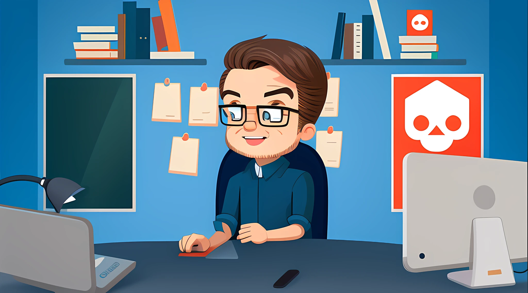 cartoon of a man sitting at a desk with a computer, in cartoon style, avatar for website, cartoon artstyle, charicature, character portrait of me, proffesional illustration, advanced digital chibi art, 2 d illustration, 2d illustration, caricature style, cartoon art style, cartoon style illustration, cartoon portrait, professional illustration, cartoon digital painting, avatar image