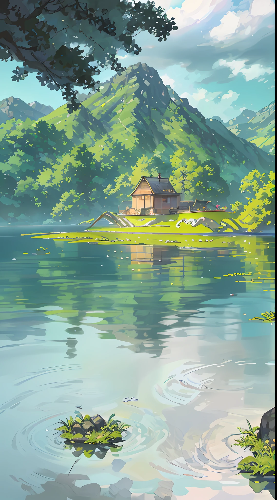 Dragon boating, spring, jungle, lake, reflection, trees, grass, rocks, water vapor, (illustration: 1.0), epic composition, realistic lighting, HD details, masterpiece, best quality, (very detailed CG unified 8k wallpaper) --v 6