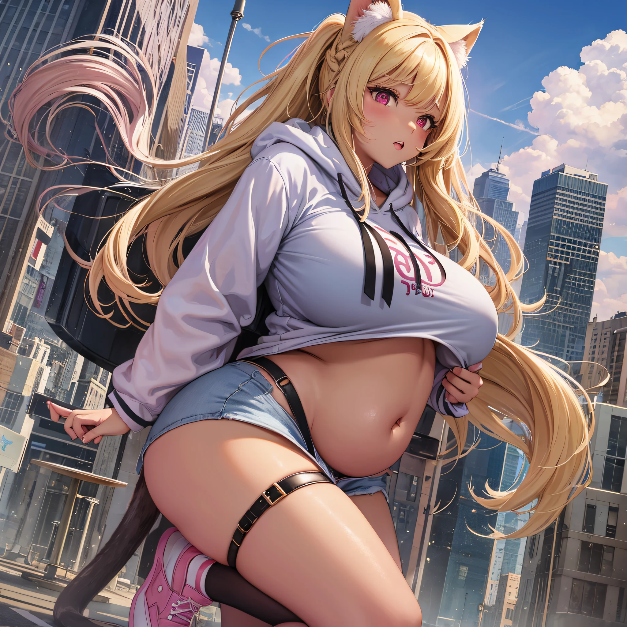 1 girl, young woman, cat girl, yellor cat ear and tail, blond, dark skin,fat woman, obese woman, huge breast, huge thigh, huge butt, huge belly, hair braids, long hair, fat body, red eyes, BBW, small statures(5 feet height), pink hoodie, blue shorts, white long sock, pink shoes. --auto --s2
