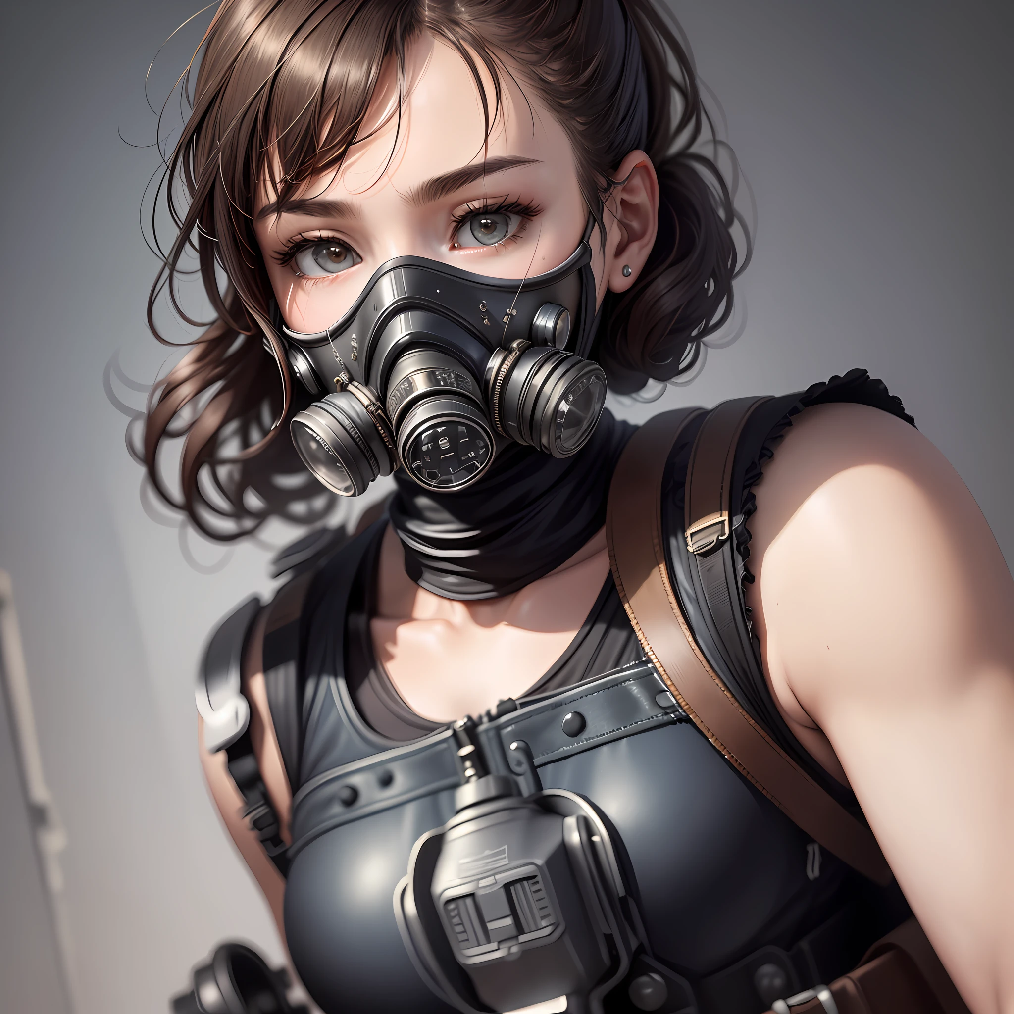 Best Quality, Masterpiece, High Resolution, Intricate, High Detail, Sharp Focus, Vintage, Solo. A woman, techwear style, gas mask on the face, mask catches the whole face, looking forward, body leaning forward, making a sign of silence.