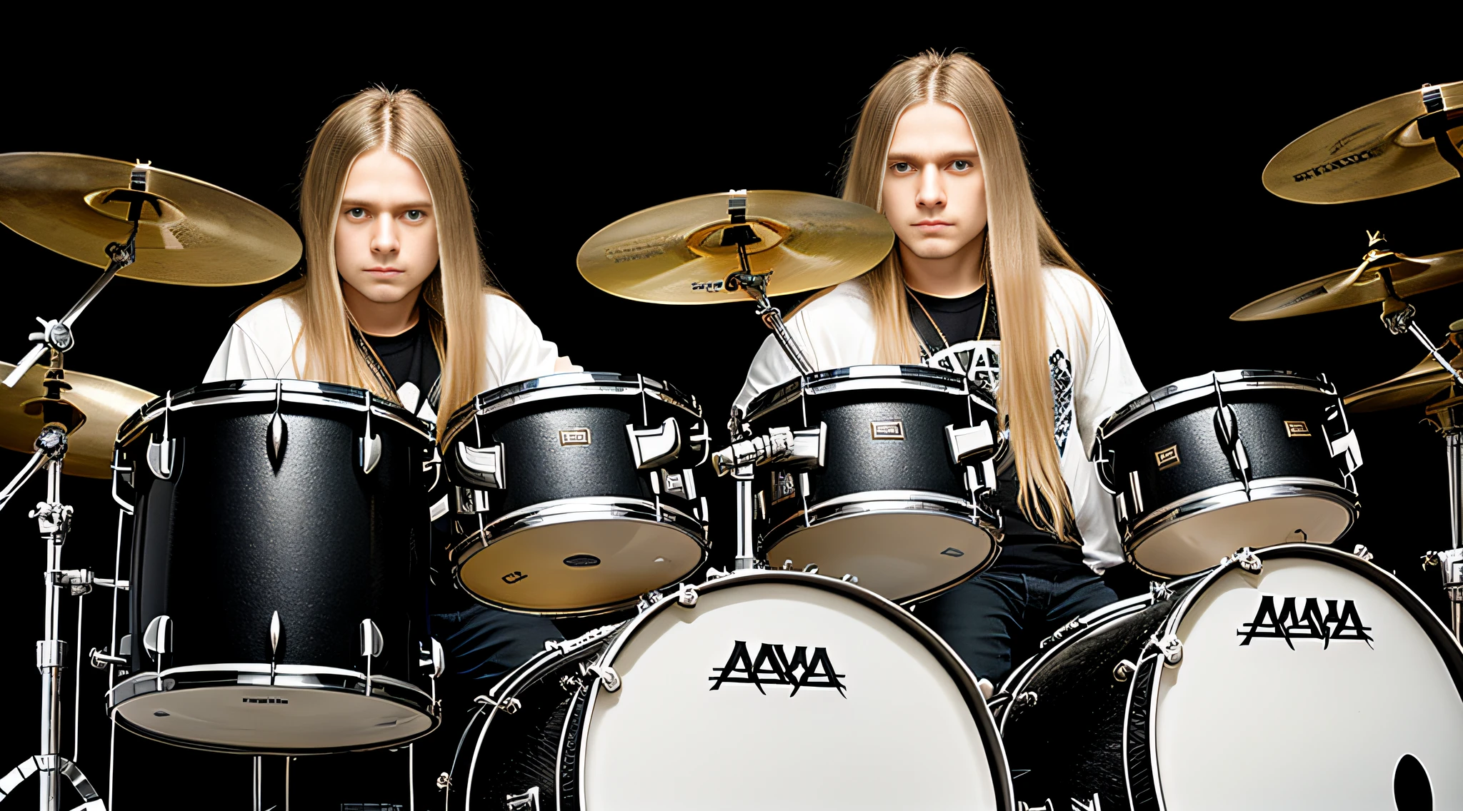 Russian child boy with 15 years old, WITH LONG STRAIGHT HAIR blonde, PORTRAIT STYLE, , Drummer in front of a drum kit, Johnny Silverhand, Dream Theater, Album, Drummer, SF, 2 0 1 4, 2014, Album photo, Michael, Marc Silvestri, image Avatar, Eddie, Alice Cooper, 2 0 1 5, 2015, Photographed, Drums, NY