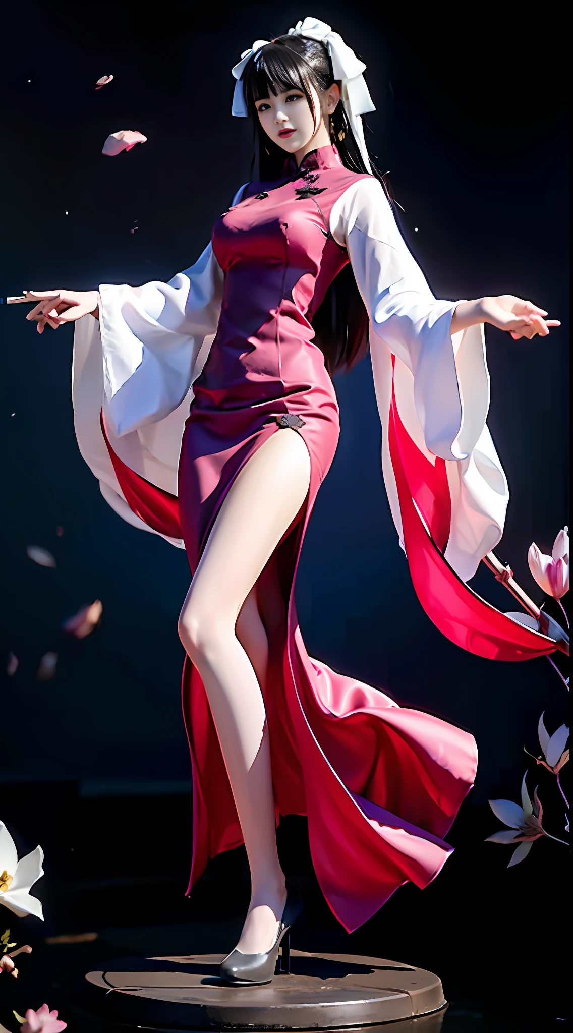 There is a girl in a pink dress, plum blossoms, palace, oriental architecture ray tracing, {best quality}, { {masterpiece}}, extremely detailed 8K wallpaper, {an extremely delicate and beautiful}, colorful, intricate details, realism, realism, camera quality, (meticulously portrayed clothes), cold white leather, (meticulously portrayed blush), 1080p, sun, soft cute, smooth light silver hair, messy beauty, lighting, broken feeling, shiny and silky skin, 3D stereoscopic, masterpiece, best quality, Illustration super fine, beautiful eyes, very delicate light, fine luminescence, very fine 8K CG wallpaper, peach blossom eyes, red pupils, an extremely delicate beautiful girl, 8k wallpaper, best quality, full body close-up, luxurious silky bright red chiffon flood (illusion, glitter, ultra-thin, soft,) Hanfu