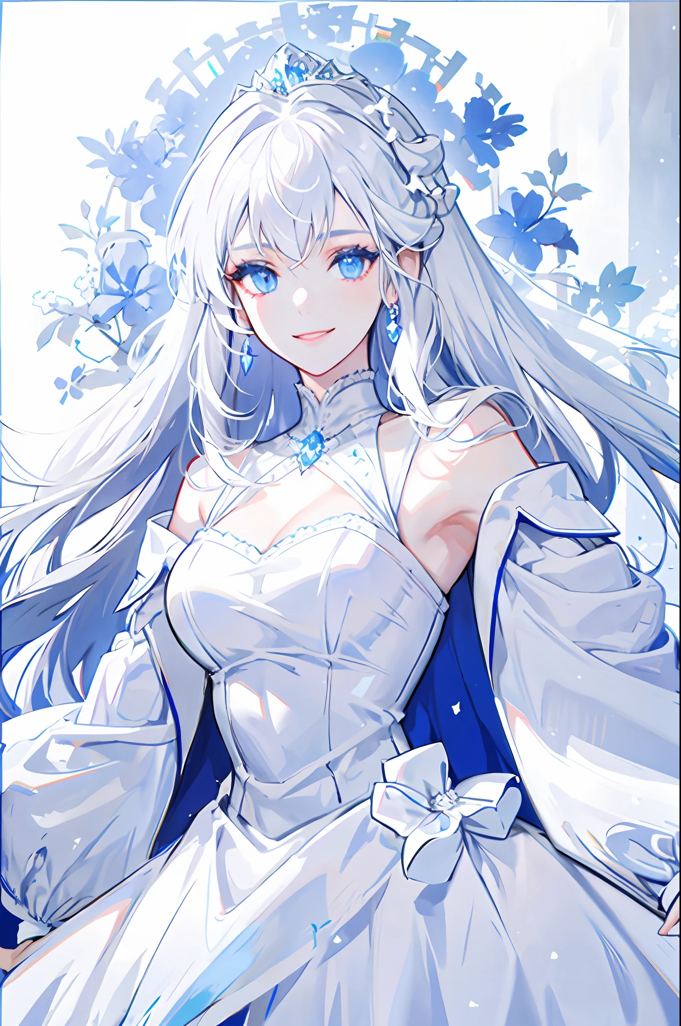 White hair, light blue eyes, woman in white dress, smile, detailed face, high quality, royalty, noble princess, elegant and pure